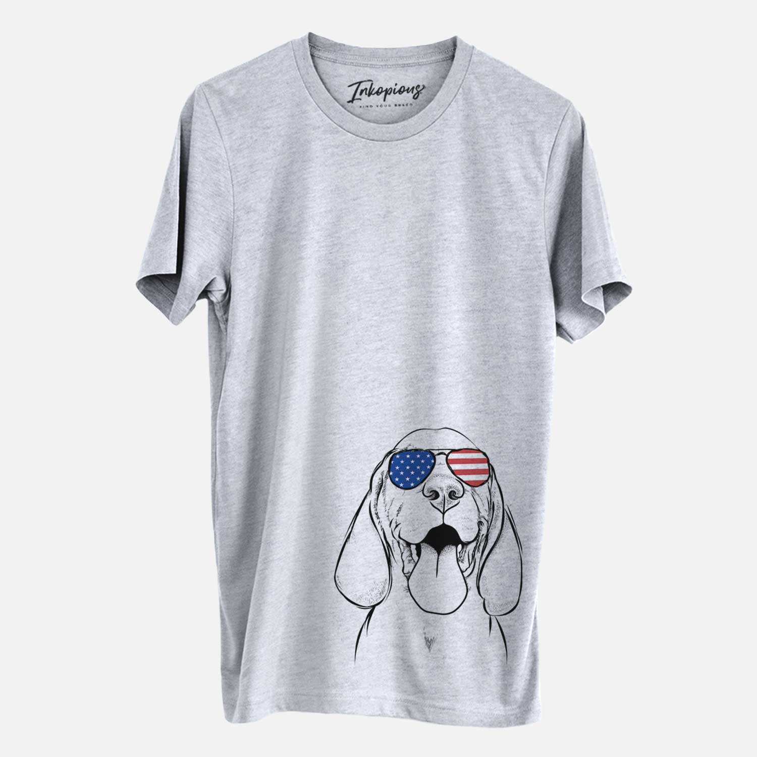 Hand-drawn sketch of Bodi the Vizsla wearing American flag sunglasses on a Grey Unisex crewneck