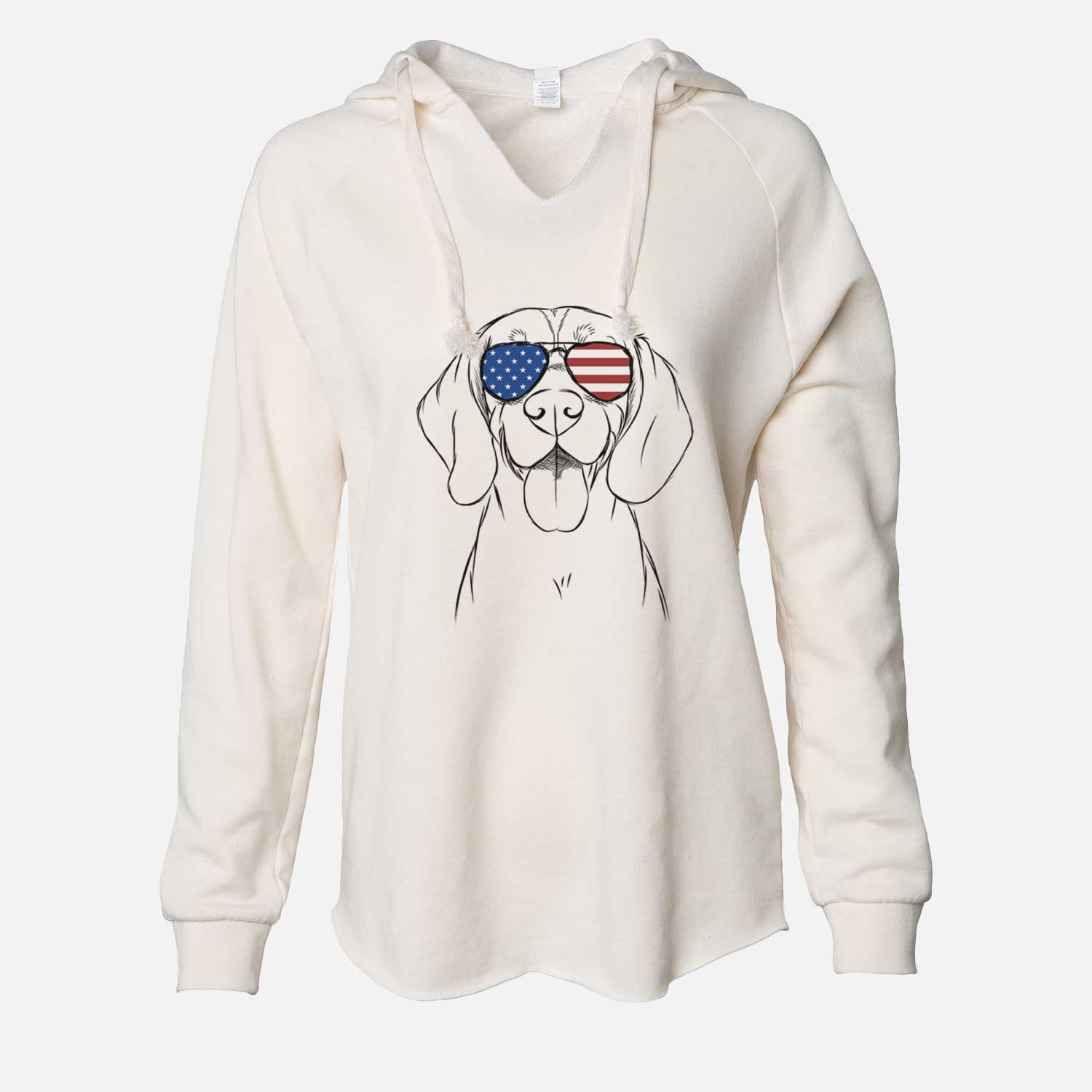 Hand-drawn sketch of Bogie the Beagle wearing American flag sunglasses on a Bone Cali Wave Hooded Sweatshirt