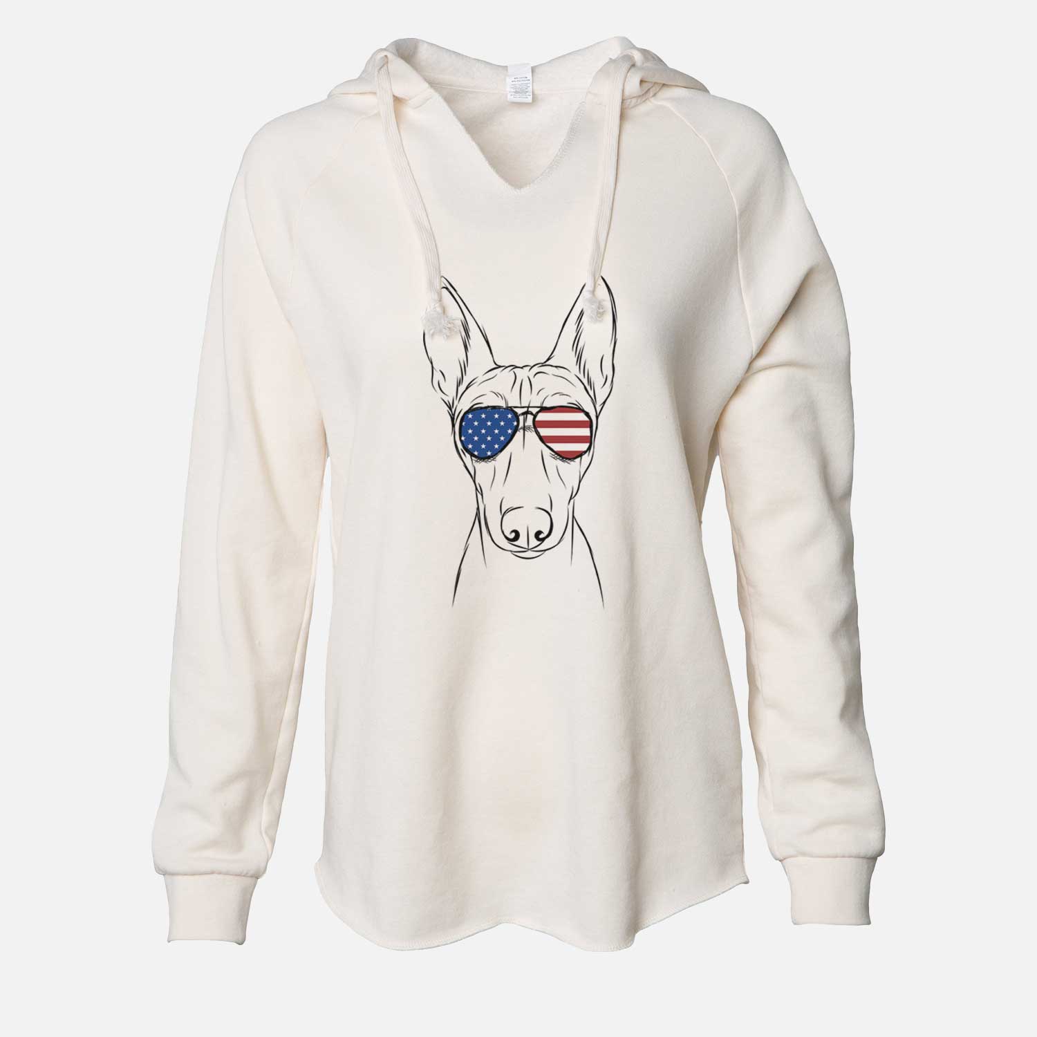 Hand-drawn sketch of Bonsai the Basenji wearing American flag sunglasses on a Bone Cali Wave Hooded Sweatshirt