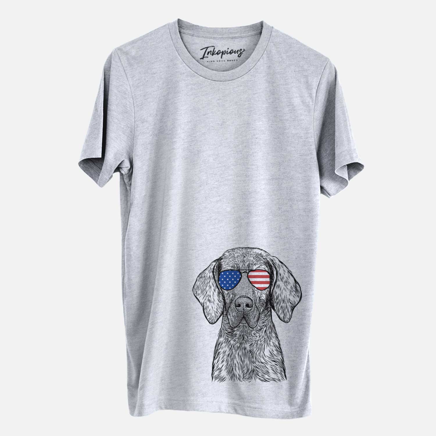 Hand-drawn sketch of Boone the Plott Hound wearing American flag sunglasses on a Grey Unisex crewneck