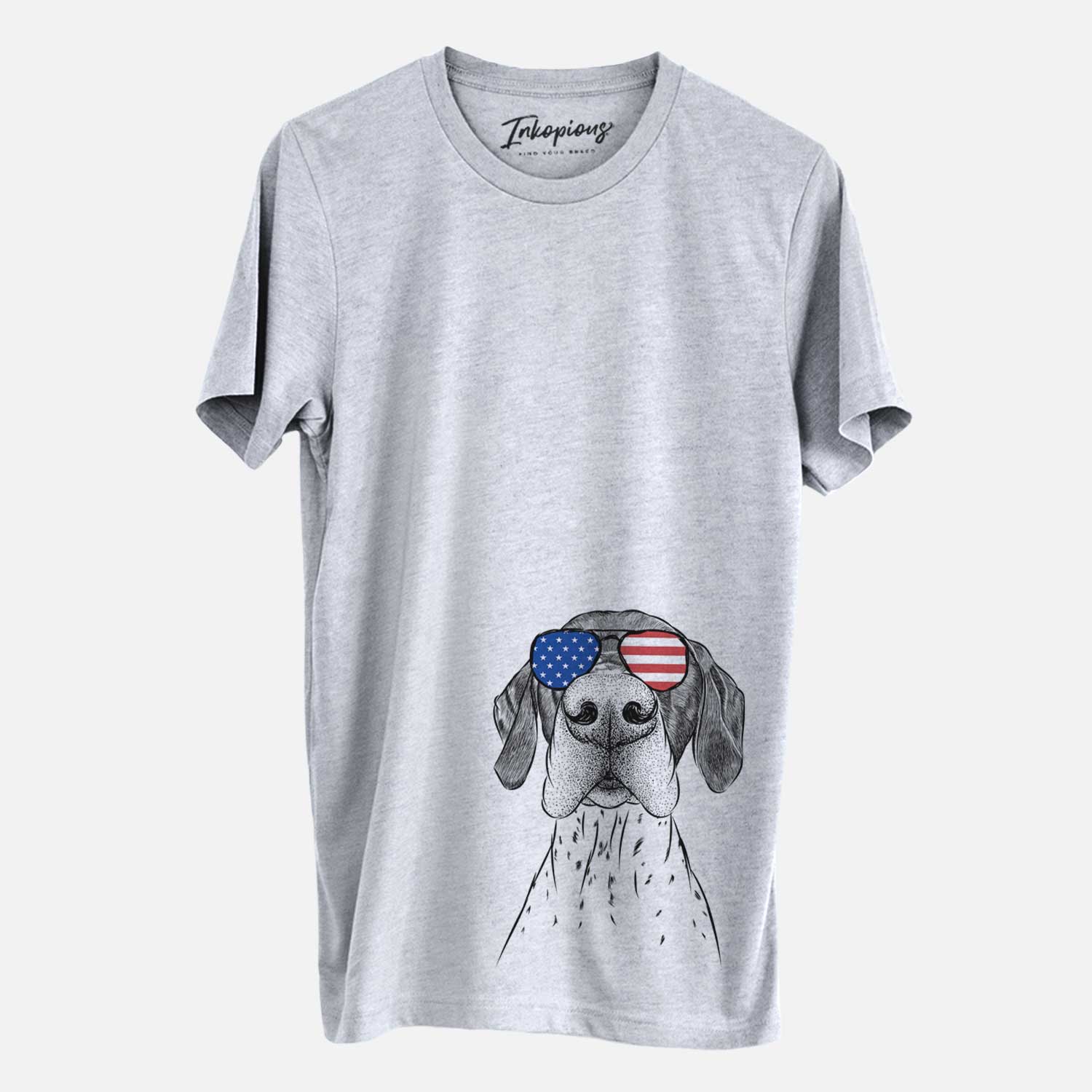 Hand-drawn sketch of Booze the German Shorthaired Pointer wearing American flag sunglasses on a Grey Unisex crewneck