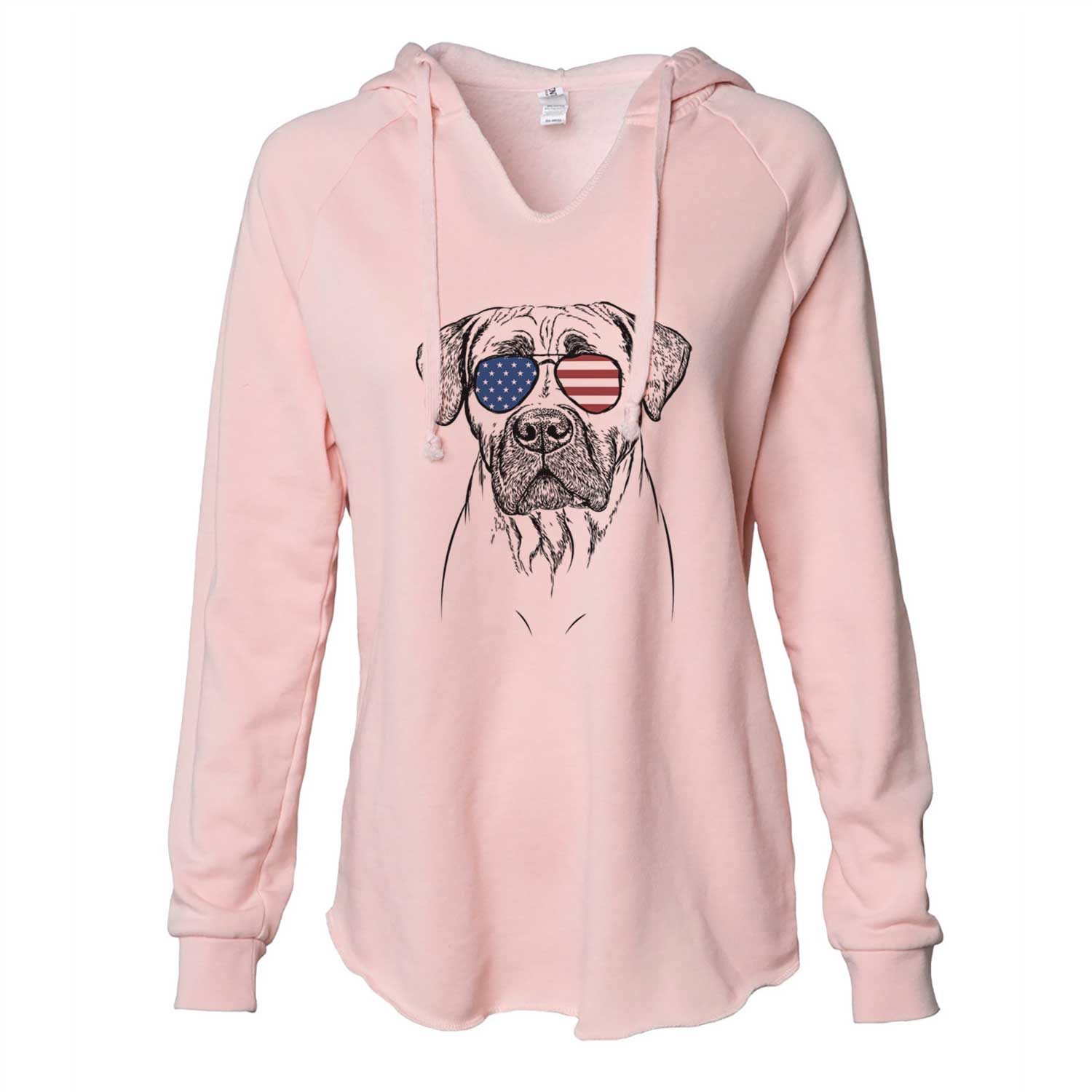 Hand-drawn sketch of Boris the Boerboel wearing American flag sunglasses on a Blush Cali Wave Hooded Sweatshirt