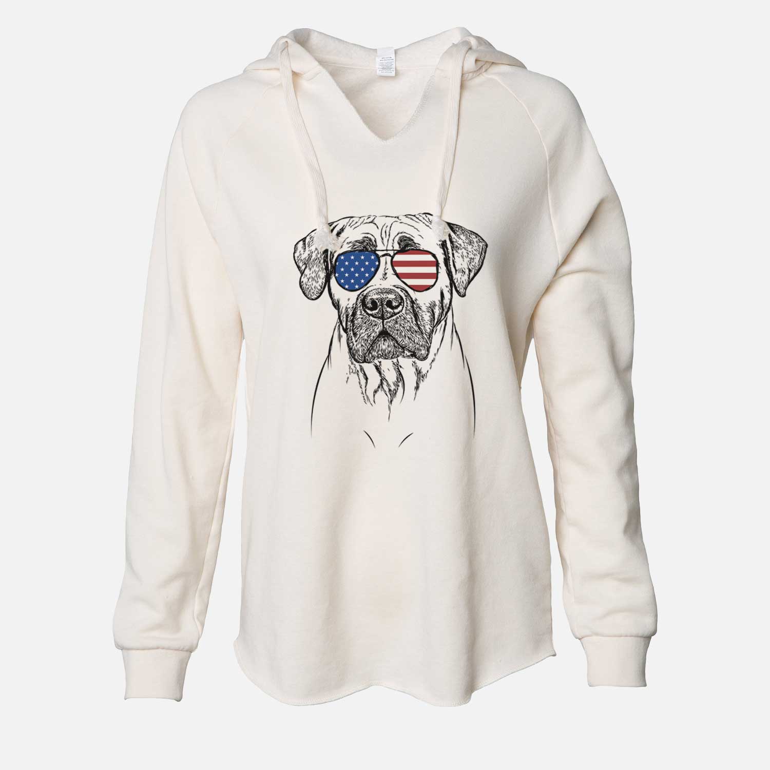 Hand-drawn sketch of Boris the Boerboel wearing American flag sunglasses on a Bone Cali Wave Hooded Sweatshirt