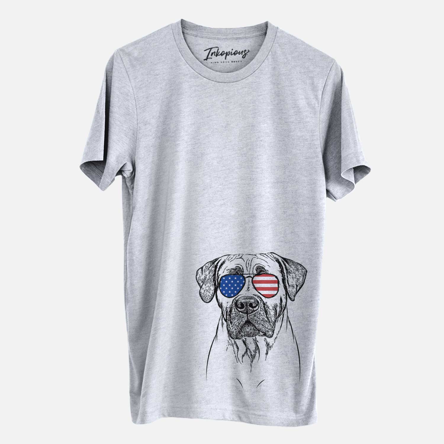 Hand-drawn sketch of Boris the Boerboel wearing American flag sunglasses on a Grey Unisex crewneck