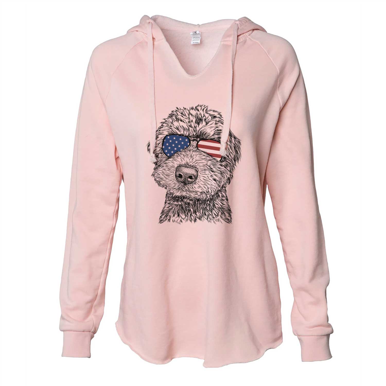 Hand-drawn sketch of Bowser the Whoodle wearing American flag sunglasses on a Blush Cali Wave Hooded Sweatshirt