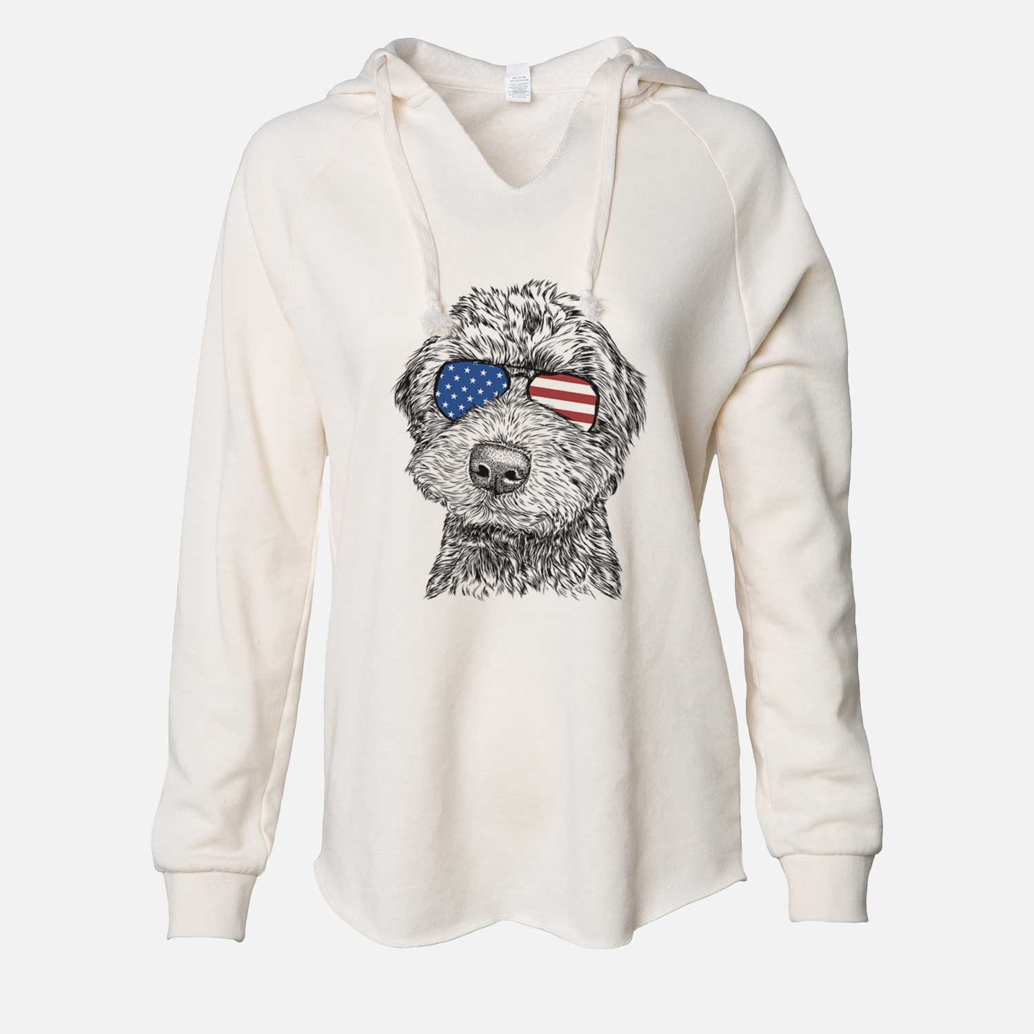 Hand-drawn sketch of Bowser the Whoodle wearing American flag sunglasses on a Bone Cali Wave Hooded Sweatshirt