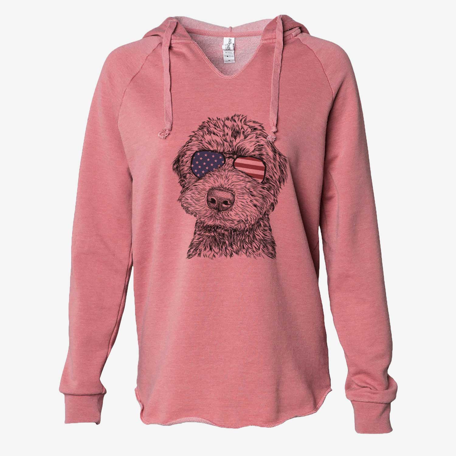 Hand-drawn sketch of Bowser the Whoodle wearing American flag sunglasses on a Dusty Rose Cali Wave Hooded Sweatshirt