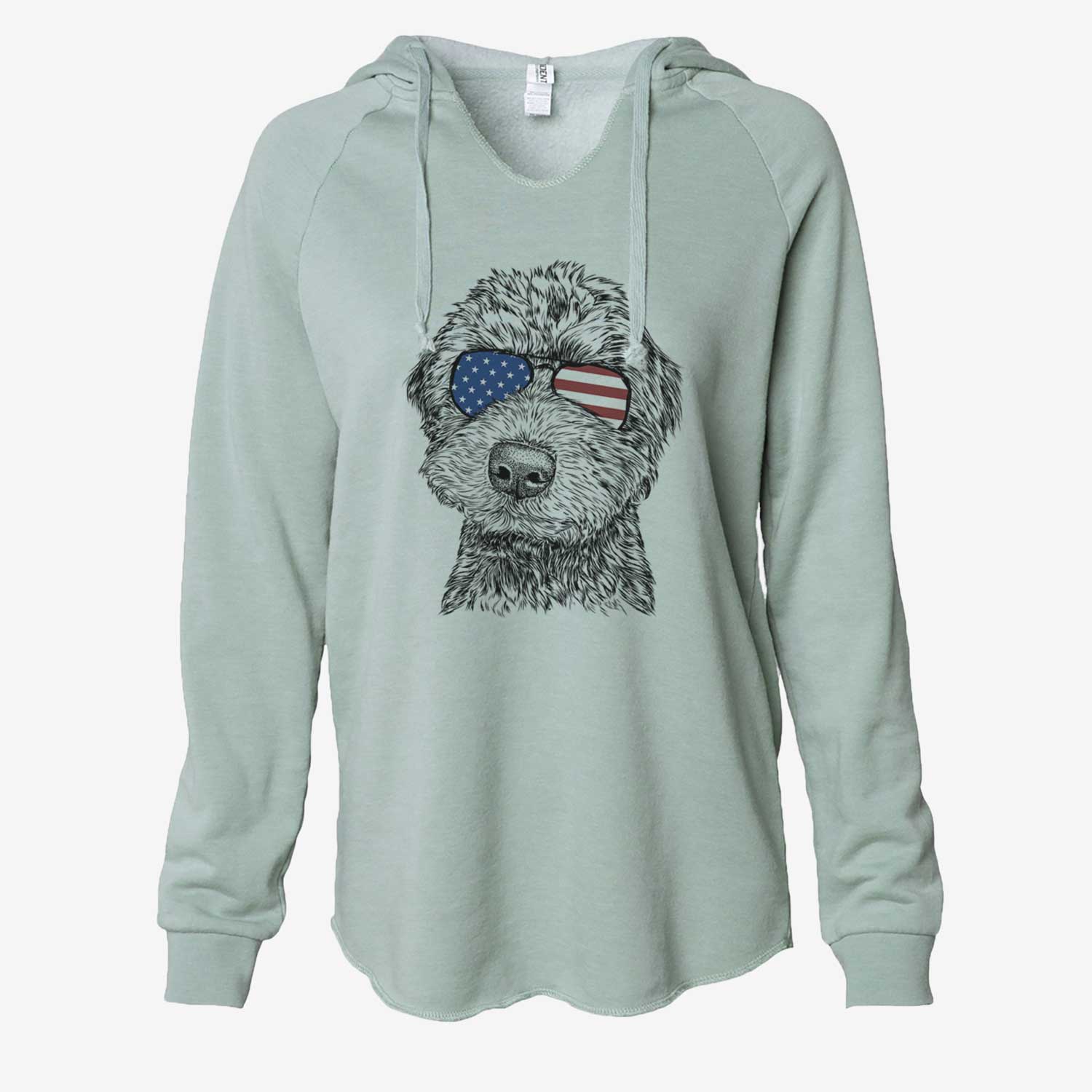 Hand-drawn sketch of Bowser the Whoodle wearing American flag sunglasses on a Sage Cali Wave Hooded Sweatshirt