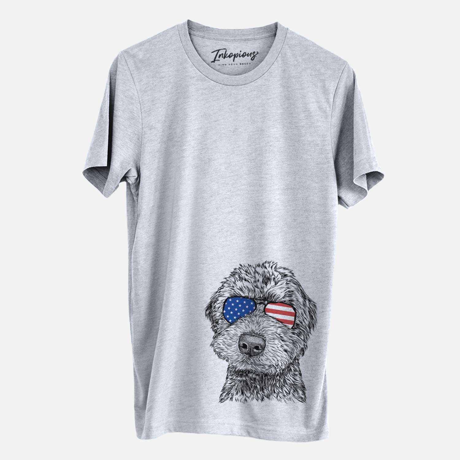 Hand-drawn sketch of Bowser the Whoodle wearing American flag sunglasses on a Grey Unisex crewneck