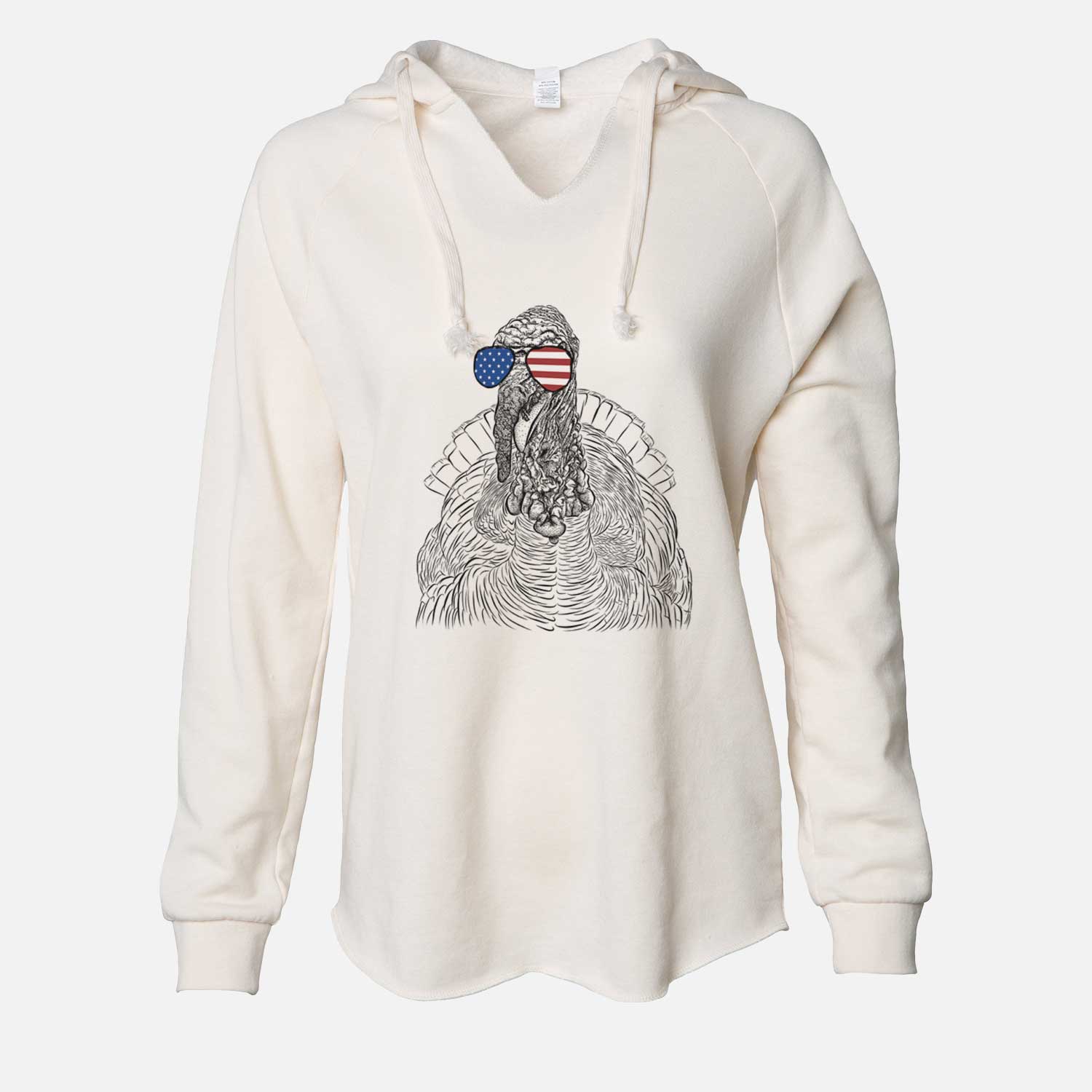 Hand-drawn sketch of Brady the Turkey wearing American flag sunglasses on a Bone Cali Wave Hooded Sweatshirt