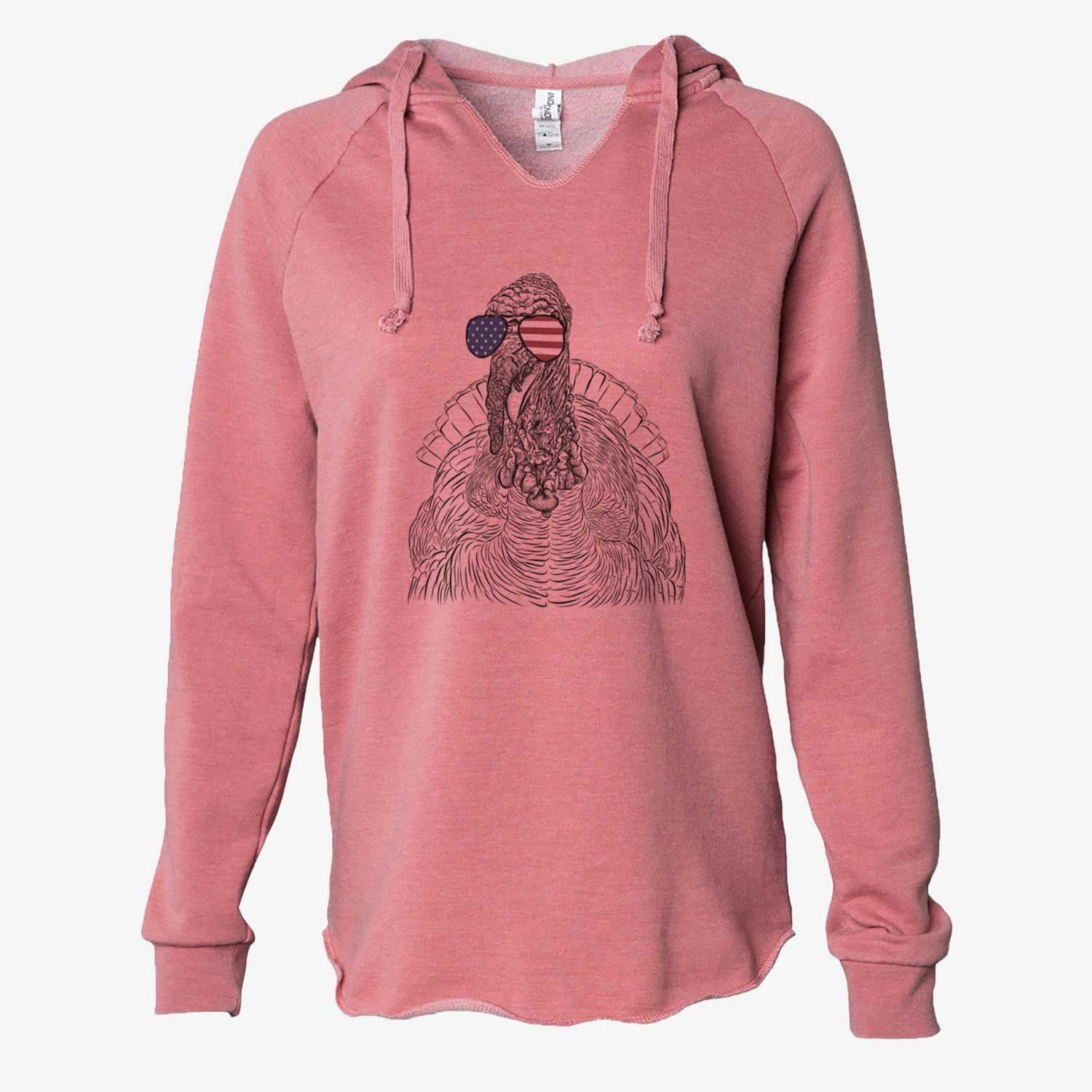 Hand-drawn sketch of Brady the Turkey wearing American flag sunglasses on a Dusty Rose Cali Wave Hooded Sweatshirt