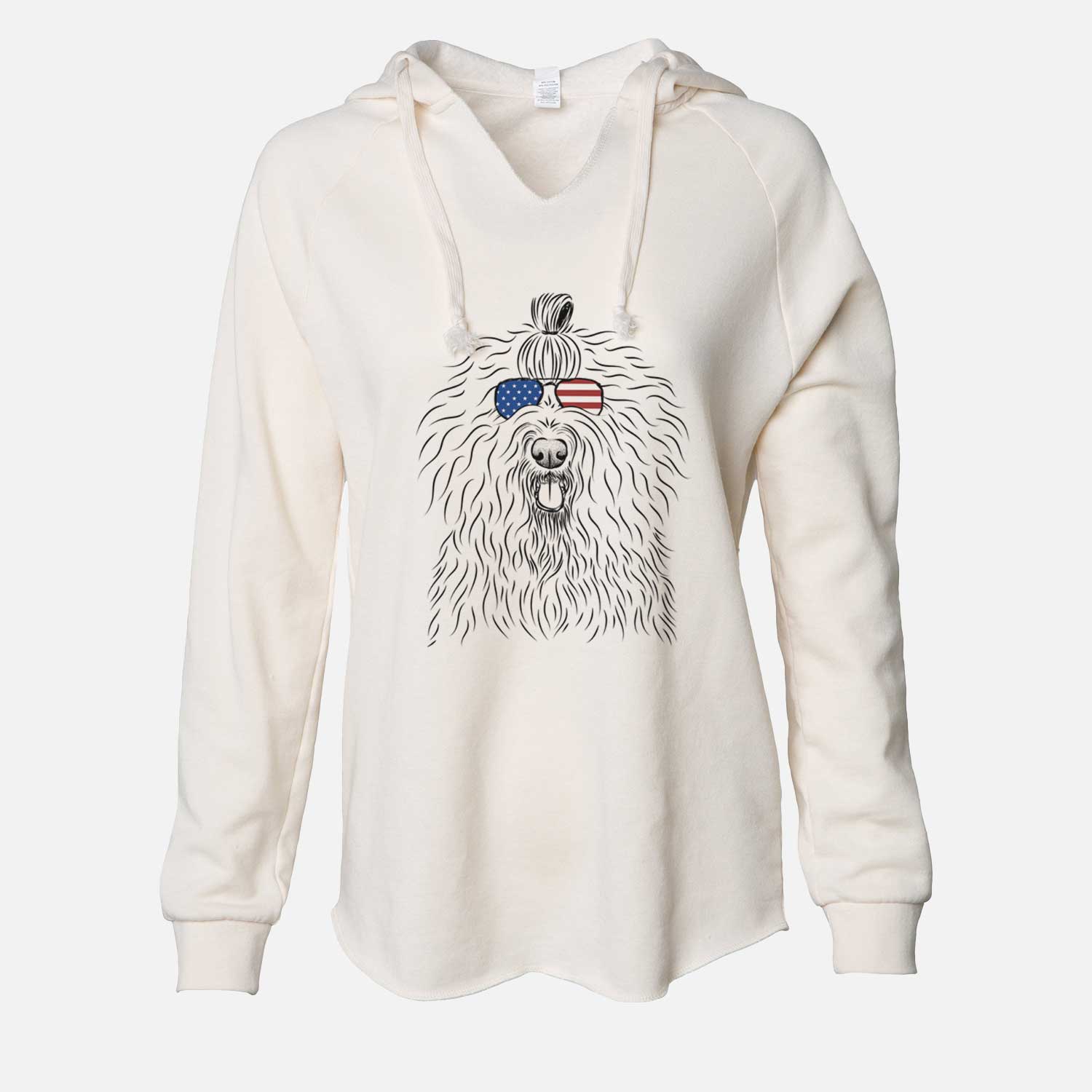 Hand-drawn sketch of Brody the Old English Sheepdog wearing American flag sunglasses on a Bone Cali Wave Hooded Sweatshirt