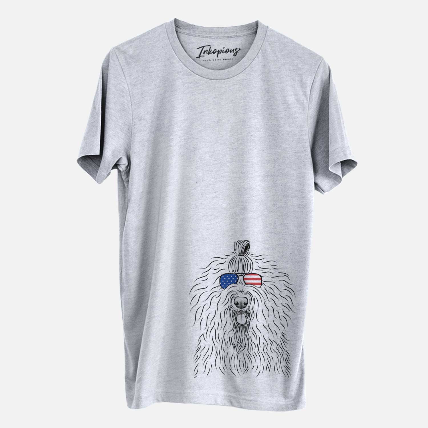 Hand-drawn sketch of Brody the Old English Sheepdog wearing American flag sunglasses on a Grey Unisex crewneck