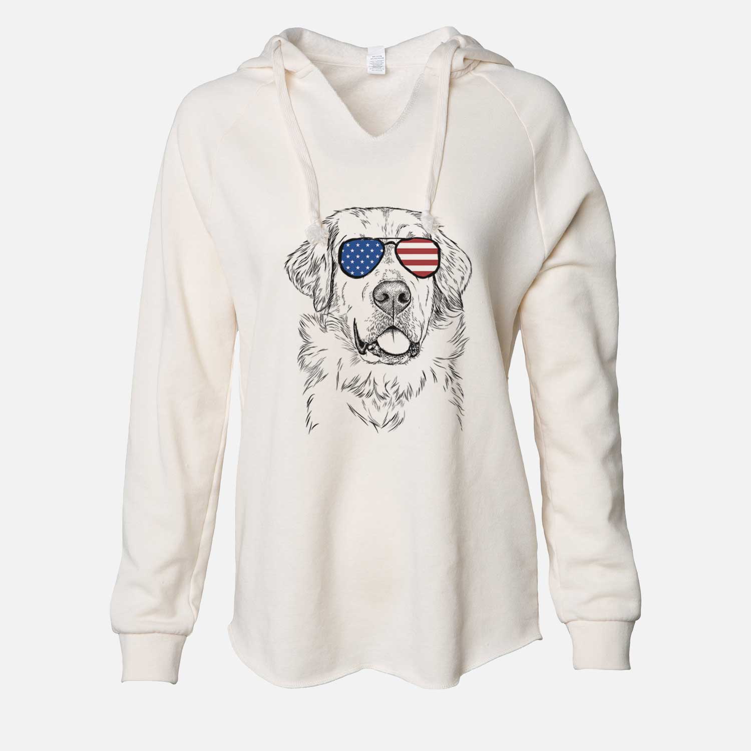 Hand-drawn sketch of Brophy the Great Pyrenees wearing American flag sunglasses on a Bone Cali Wave Hooded Sweatshirt