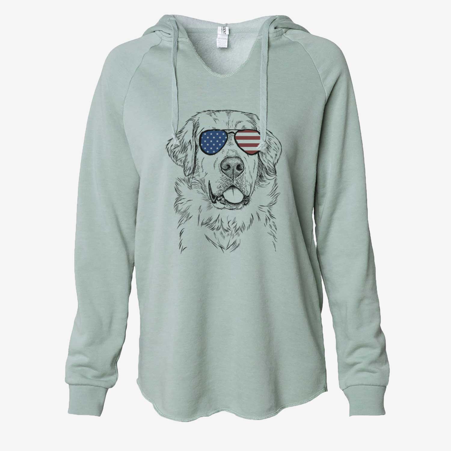 Hand-drawn sketch of Brophy the Great Pyrenees wearing American flag sunglasses on a Sage Cali Wave Hooded Sweatshirt
