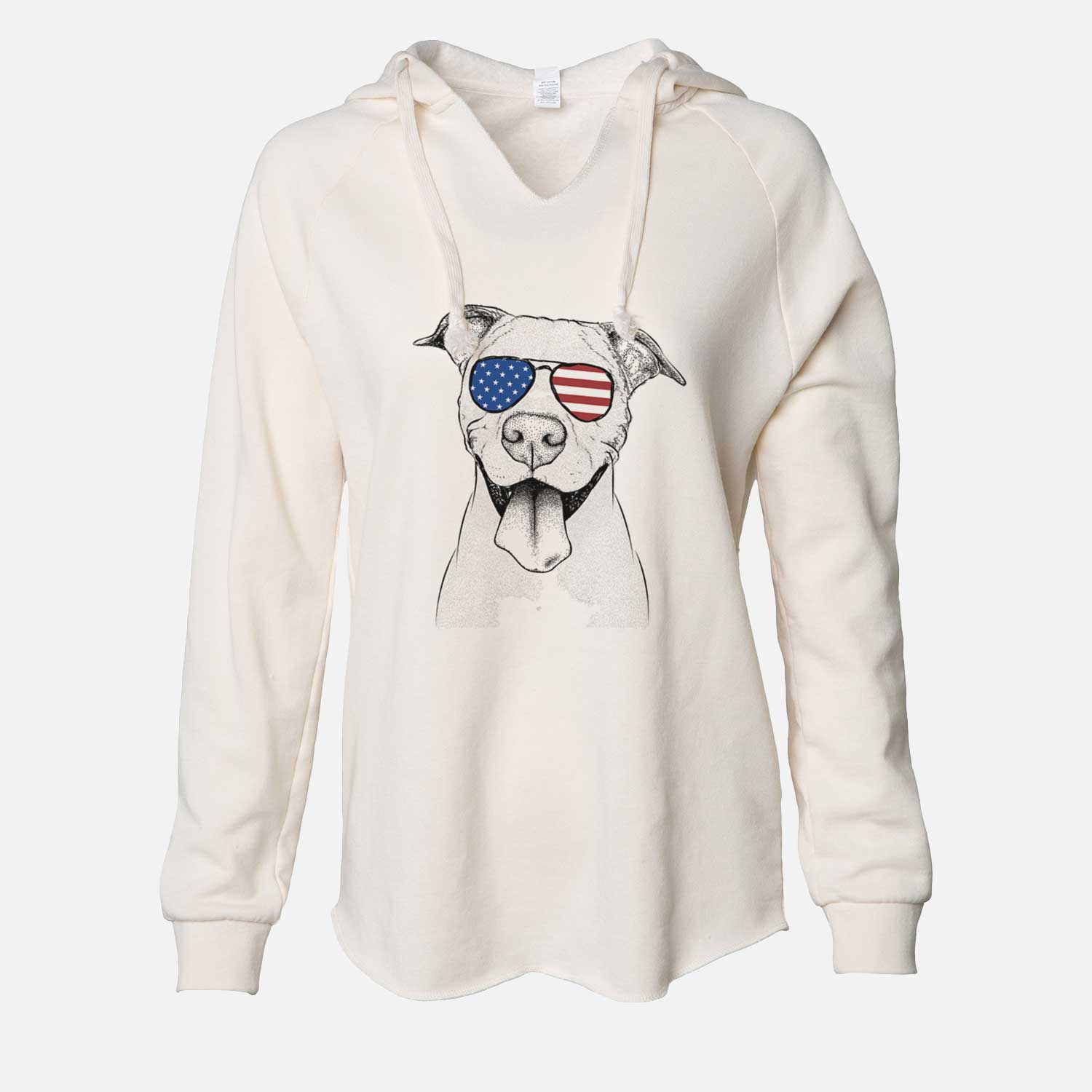 Hand-drawn sketch of Bruce the American Staffordshire Terrier wearing American flag sunglasses on a Bone Cali Wave Hooded Sweatshirt