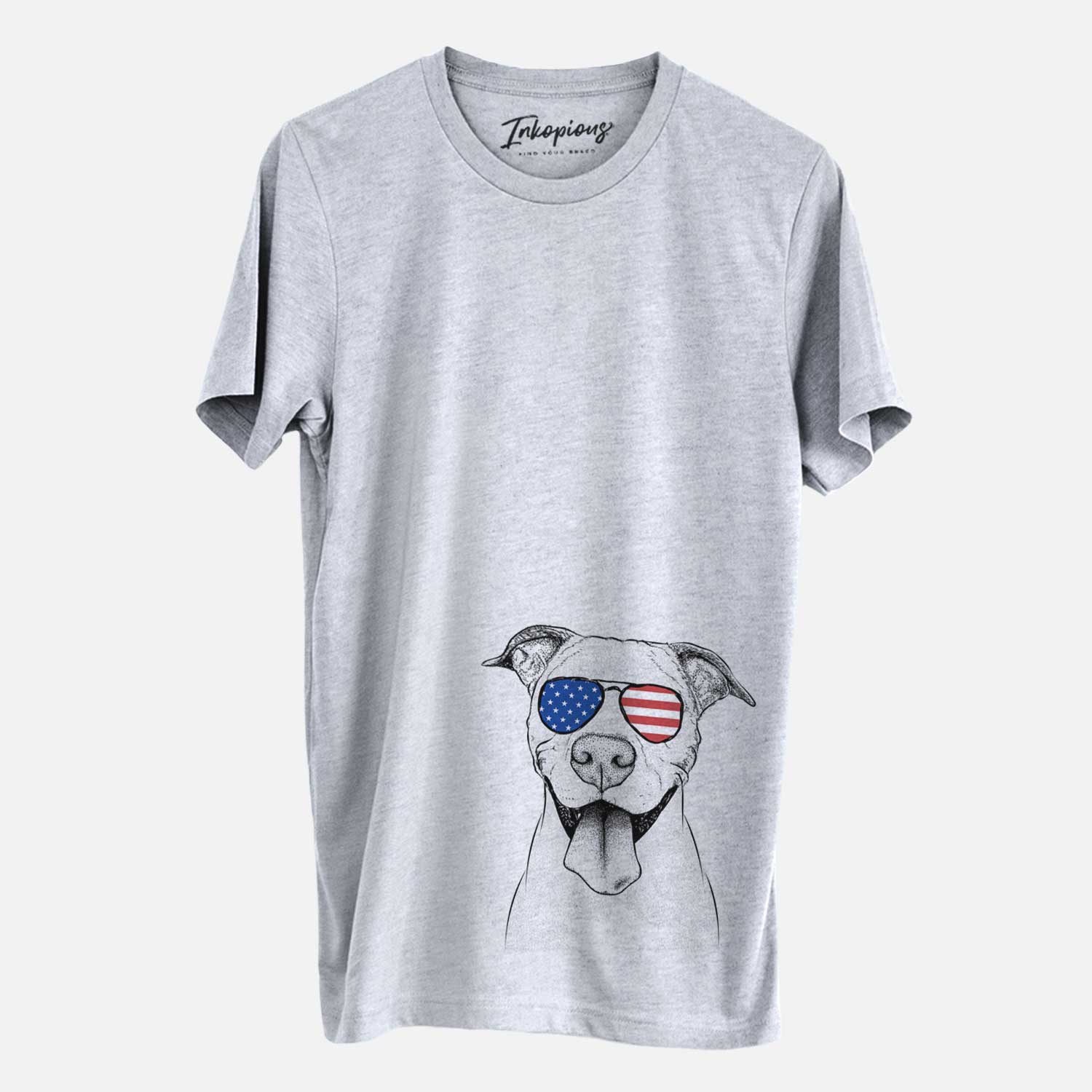 Hand-drawn sketch of Bruce the American Staffordshire Terrier wearing American flag sunglasses on a Grey Unisex crewneck