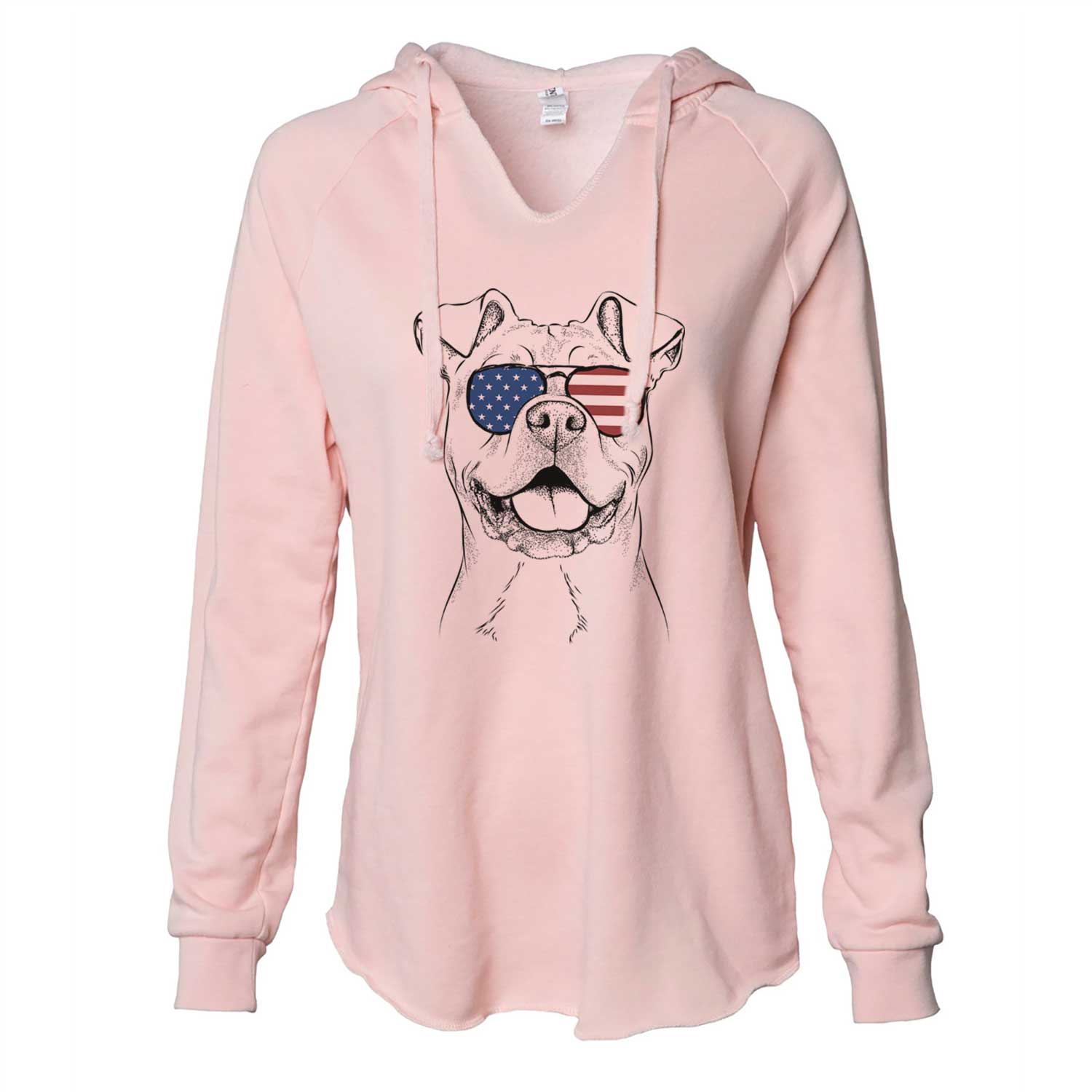 Hand-drawn sketch of Bubba Scraps the American Staffordshire Mix wearing American flag sunglasses on a Blush Cali Wave Hooded Sweatshirt