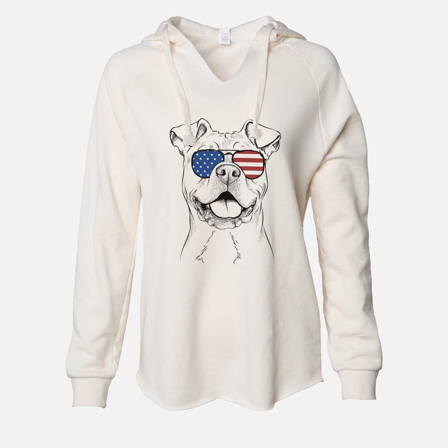 Hand-drawn sketch of Bubba Scraps the American Staffordshire Mix wearing American flag sunglasses on a Bone Cali Wave Hooded Sweatshirt