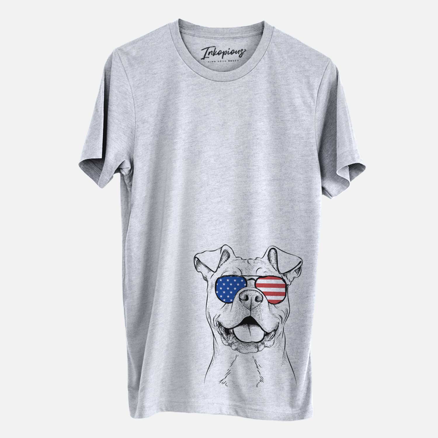 Hand-drawn sketch of Bubba Scraps the American Staffordshire Mix wearing American flag sunglasses on a Grey Unisex crewneck
