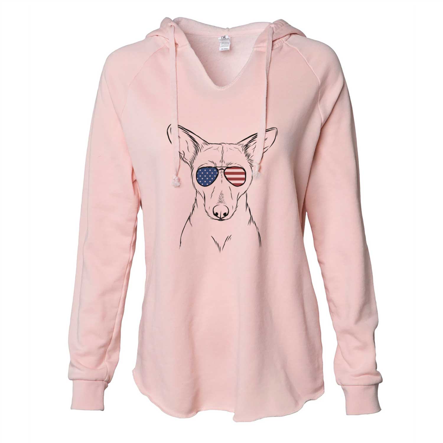 Hand-drawn sketch of Buff the Dorgi wearing American flag sunglasses on a Blush Cali Wave Hooded Sweatshirt