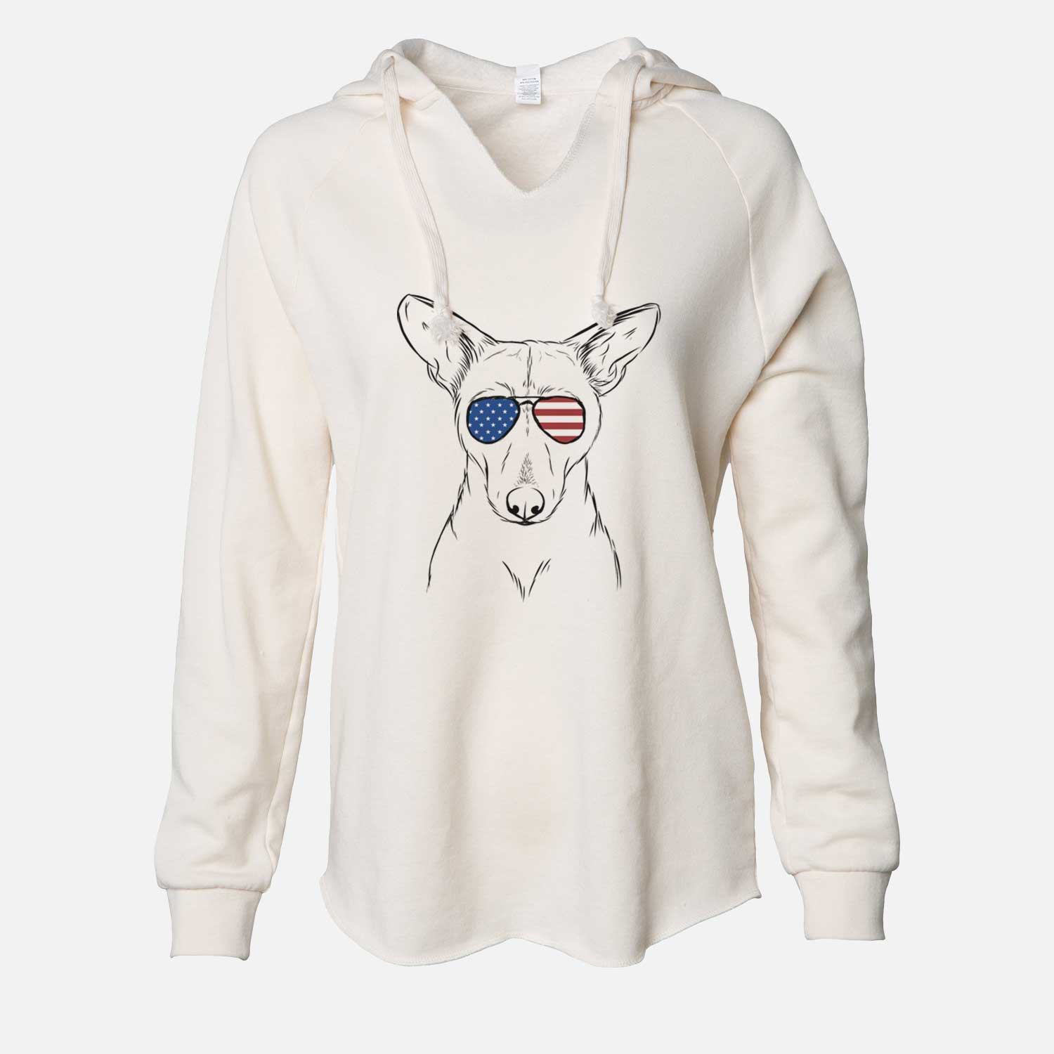 Hand-drawn sketch of Buff the Dorgi wearing American flag sunglasses on a Bone Cali Wave Hooded Sweatshirt