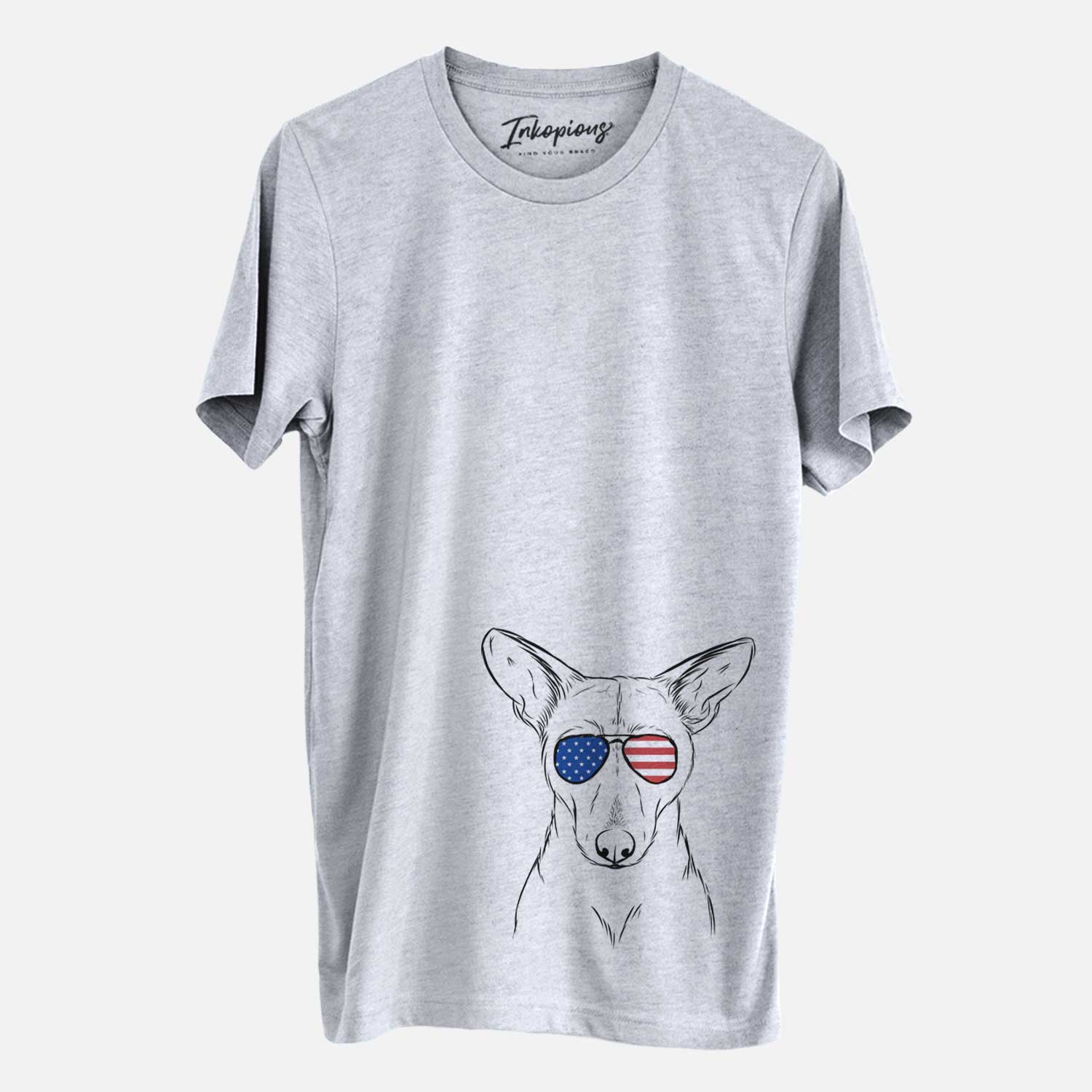 Hand-drawn sketch of Buff the Dorgi wearing American flag sunglasses on a Grey Unisex crewneck