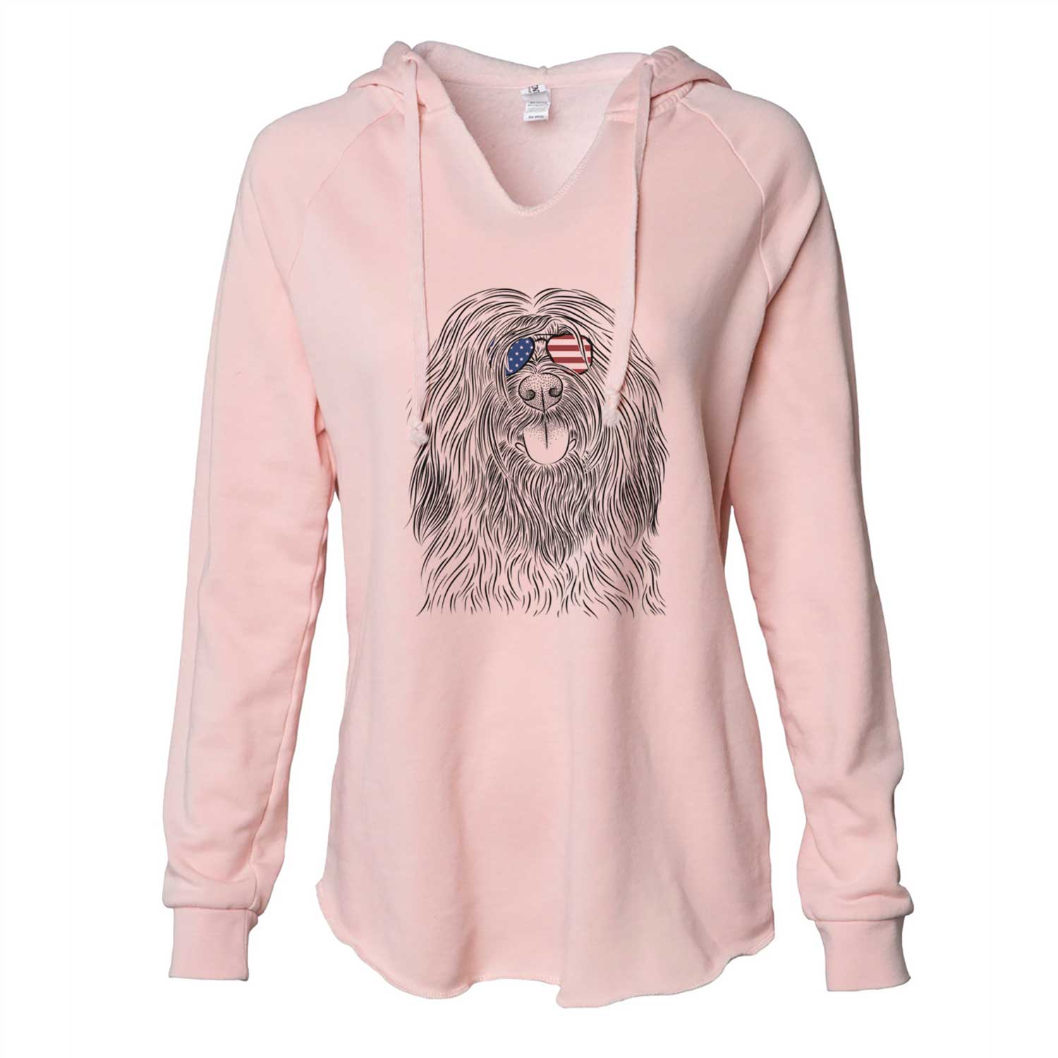 Hand-drawn sketch of Bundy the Briard wearing American flag sunglasses on a Blush Cali Wave Hooded Sweatshirt