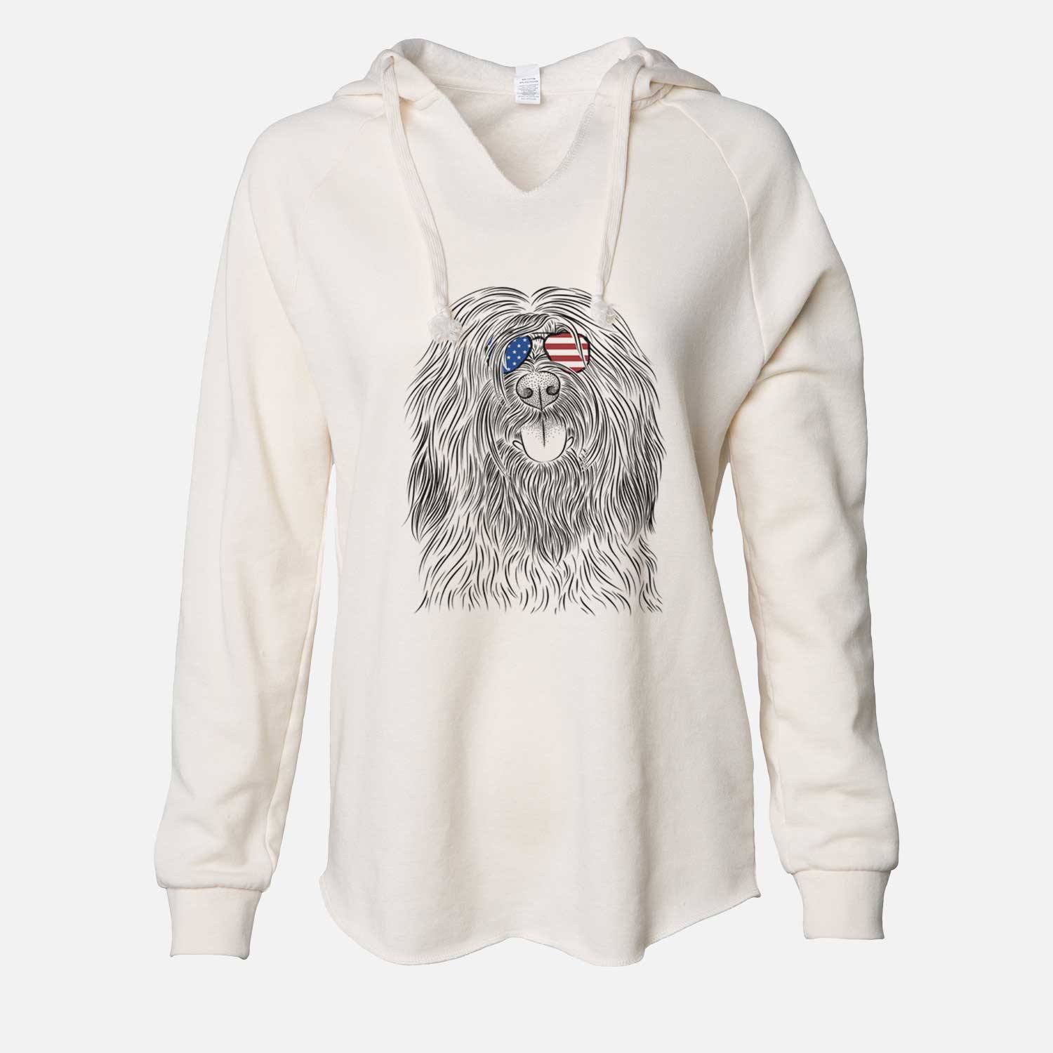 Hand-drawn sketch of Bundy the Briard wearing American flag sunglasses on a Bone Cali Wave Hooded Sweatshirt