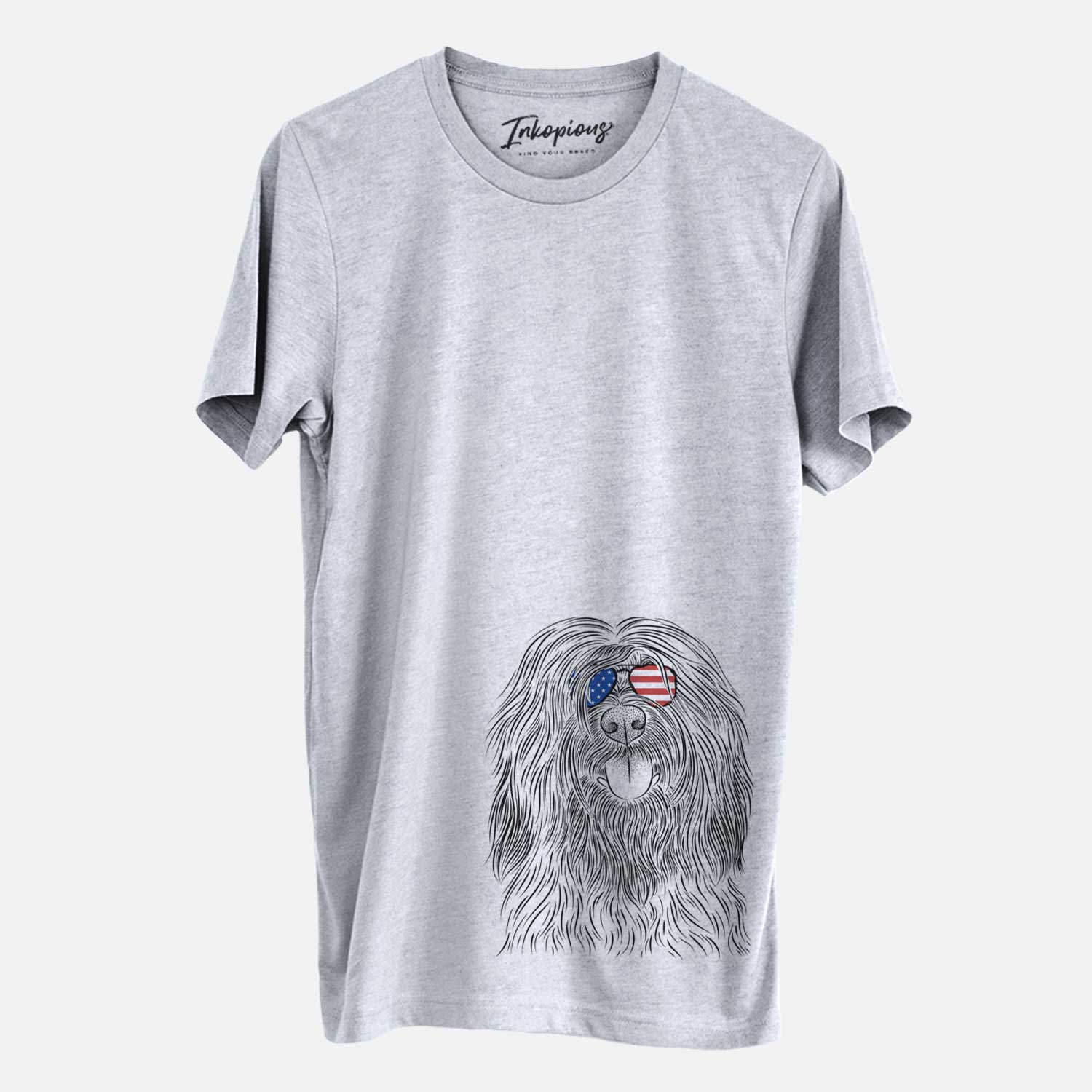 Hand-drawn sketch of Bundy the Briard wearing American flag sunglasses on a Grey Unisex crewneck