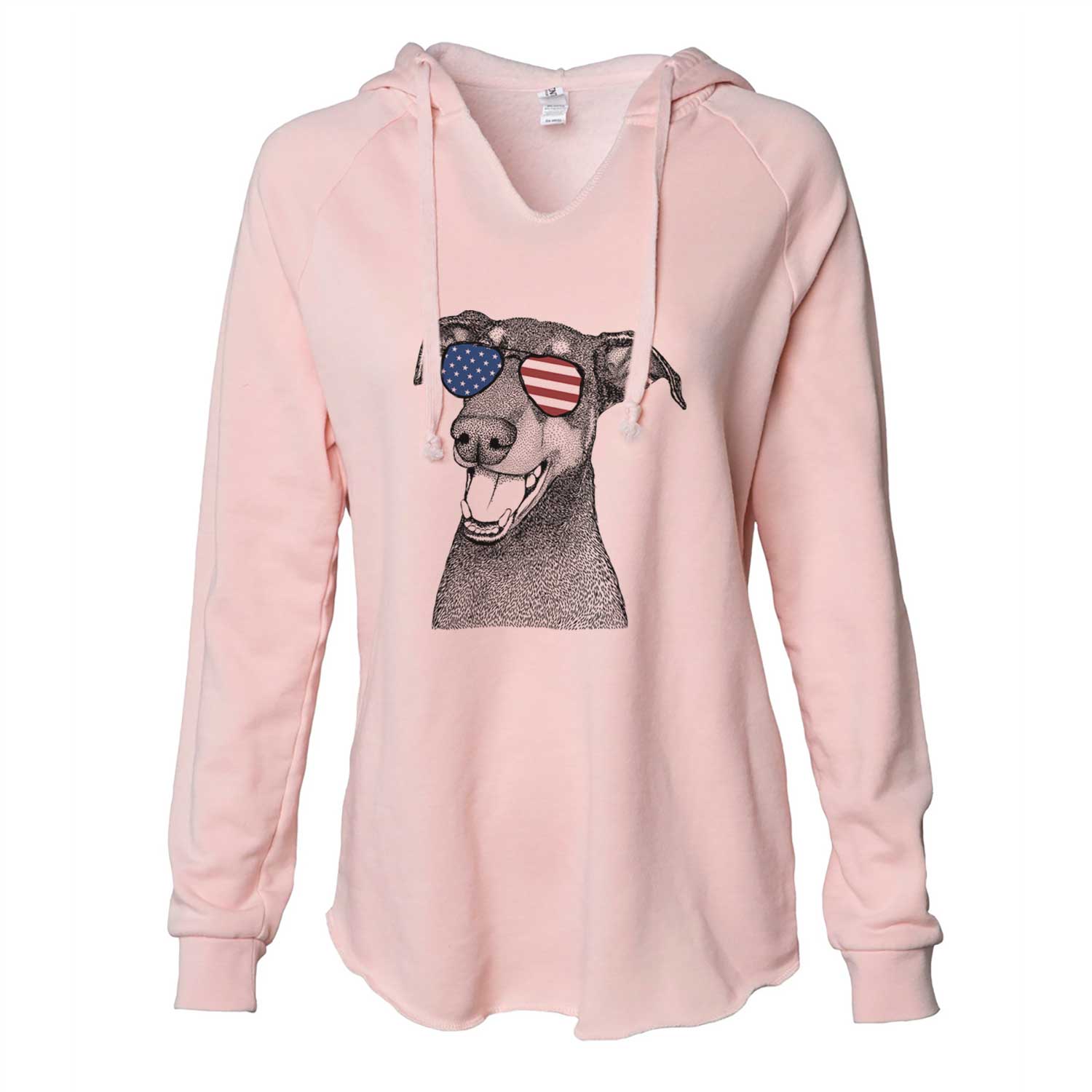 Hand-drawn sketch of Bunnie the Doberman Pinscher wearing American flag sunglasses on a Blush Cali Wave Hooded Sweatshirt