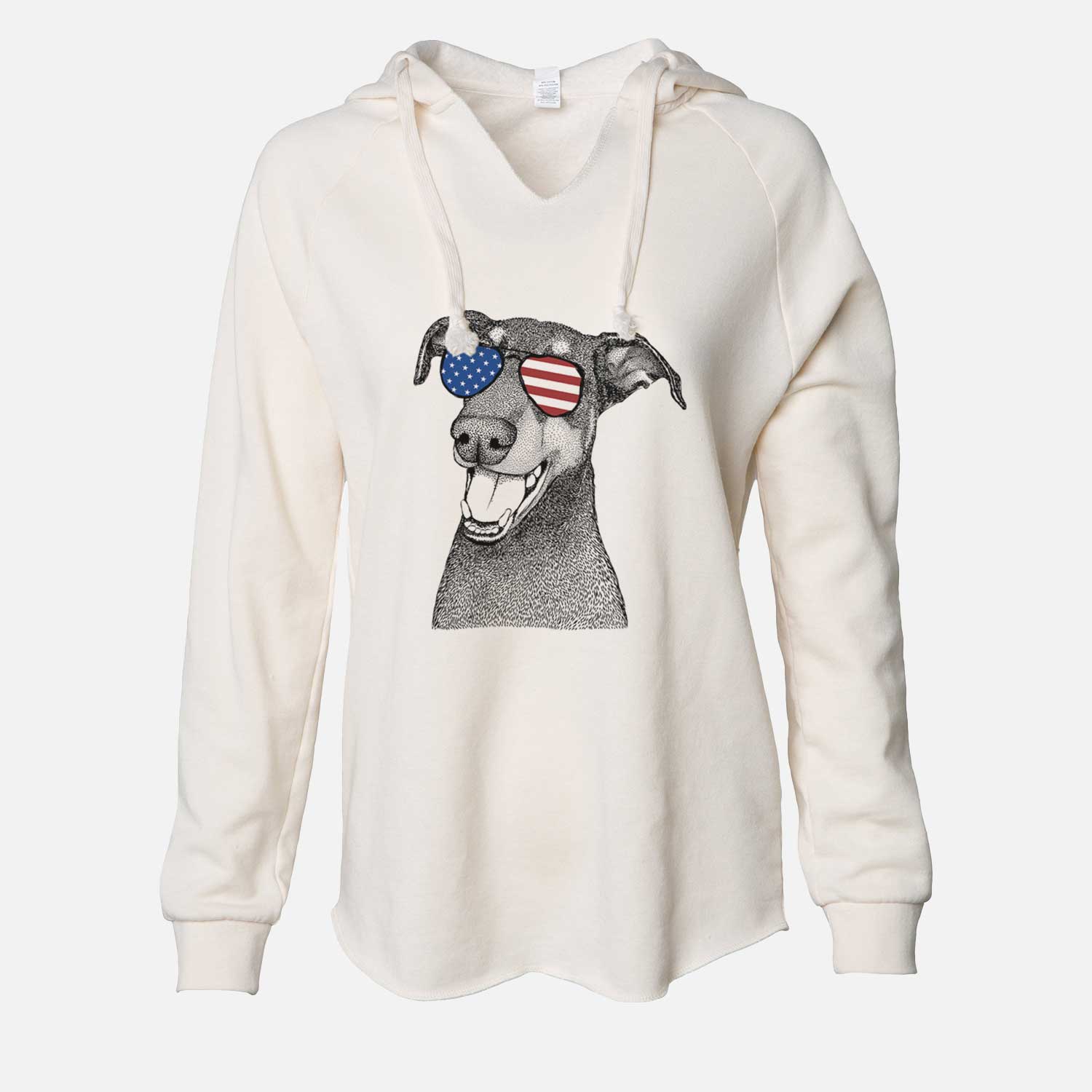 Hand-drawn sketch of Bunnie the Doberman Pinscher wearing American flag sunglasses on a Bone Cali Wave Hooded Sweatshirt