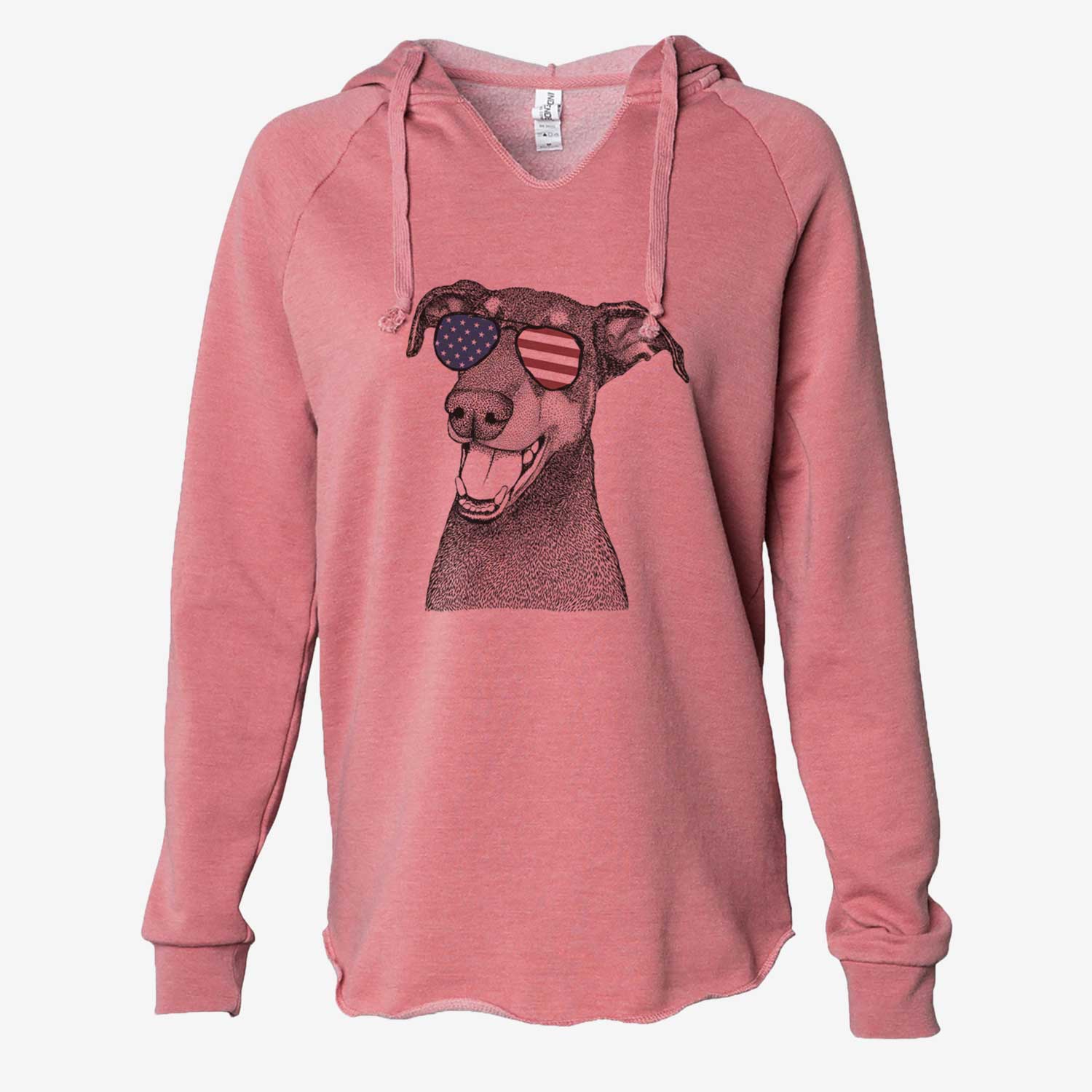 Hand-drawn sketch of Bunnie the Doberman Pinscher wearing American flag sunglasses on a Dusty Rose Cali Wave Hooded Sweatshirt