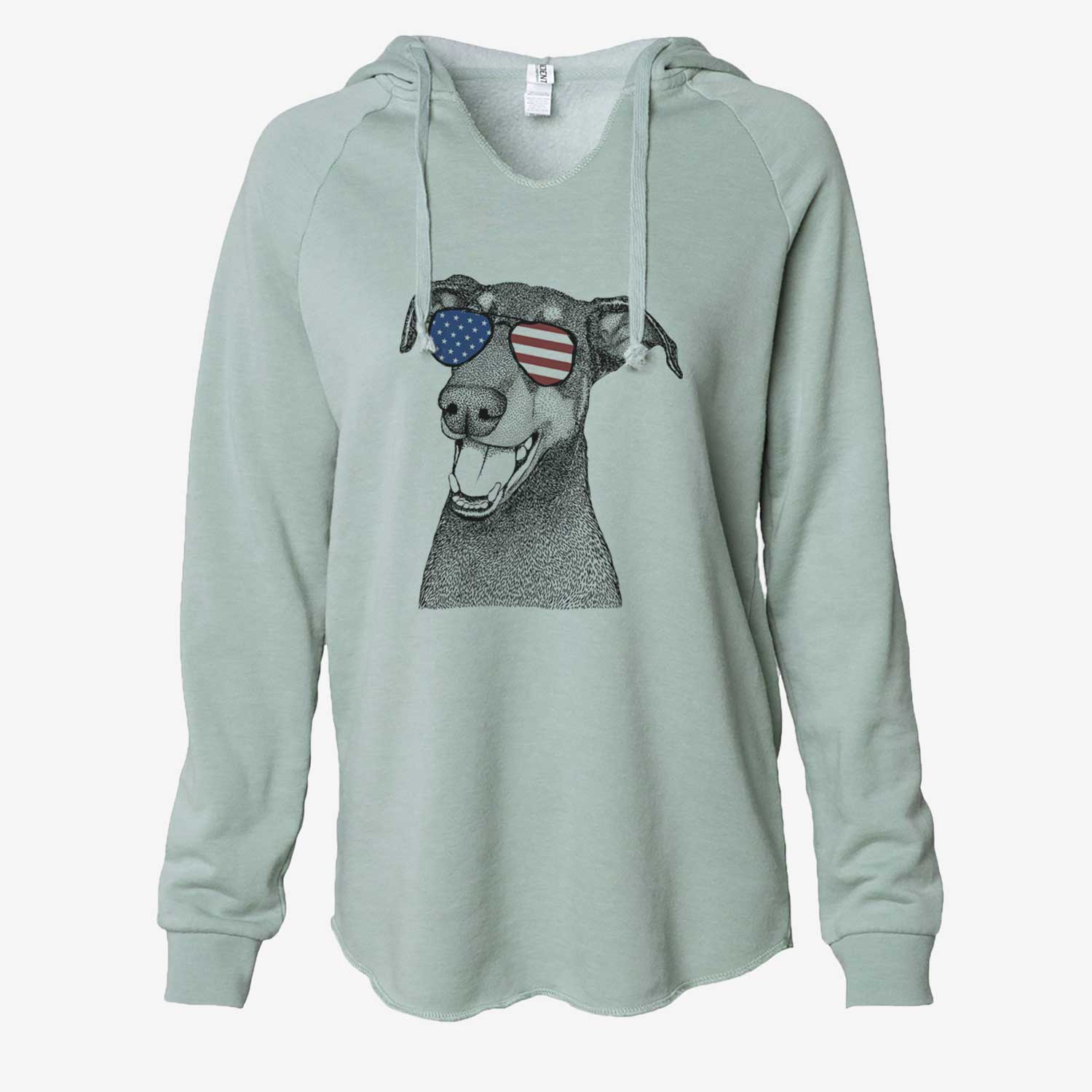 Hand-drawn sketch of Bunnie the Doberman Pinscher wearing American flag sunglasses on a Sage Cali Wave Hooded Sweatshirt