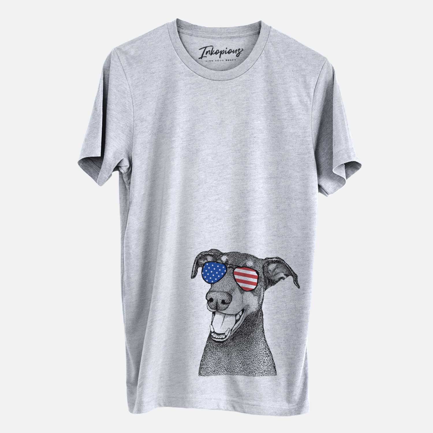 Hand-drawn sketch of Bunnie the Doberman Pinscher wearing American flag sunglasses on a Grey Unisex crewneck