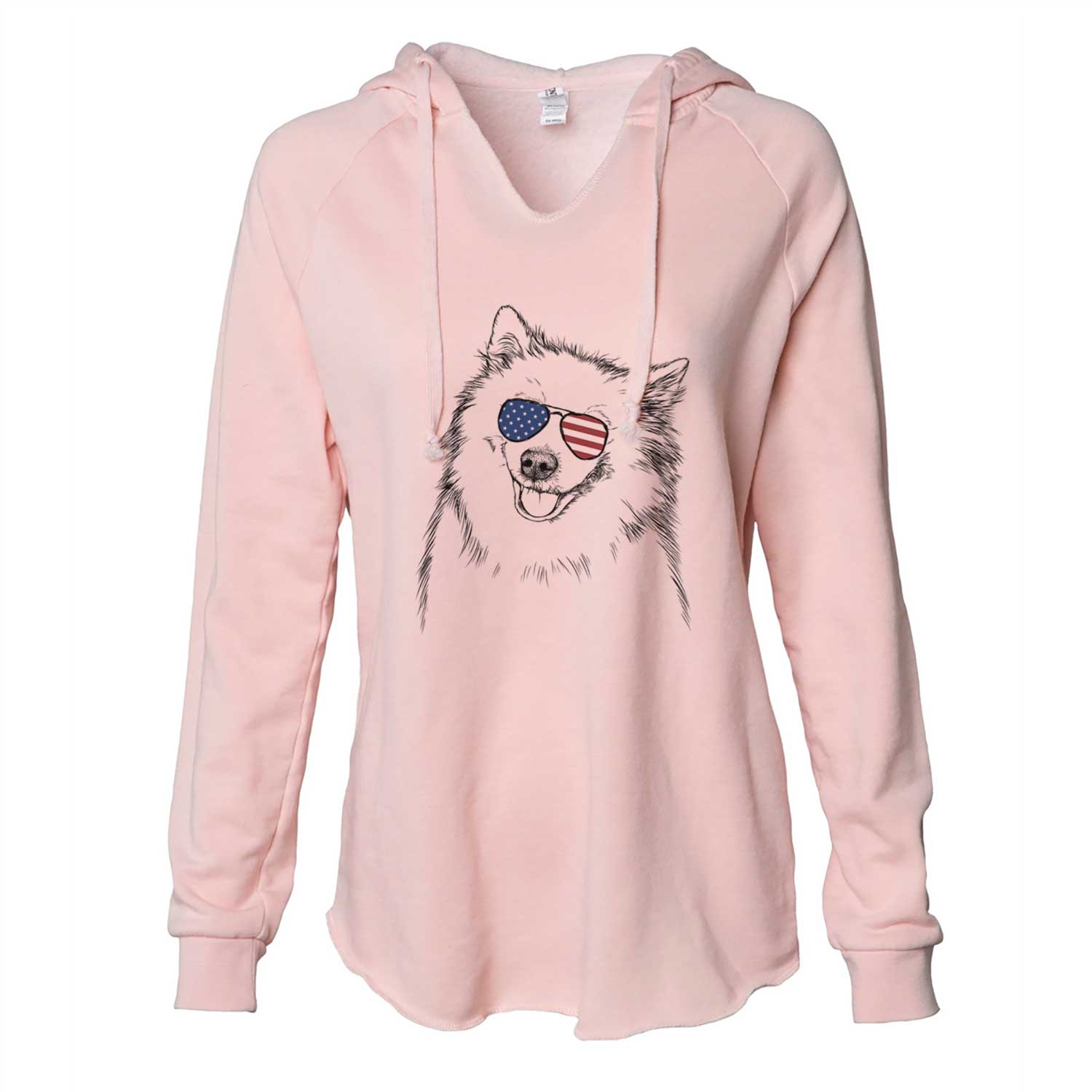 Hand-drawn sketch of Caico the Samoyed wearing American flag sunglasses on a Blush Cali Wave Hooded Sweatshirt