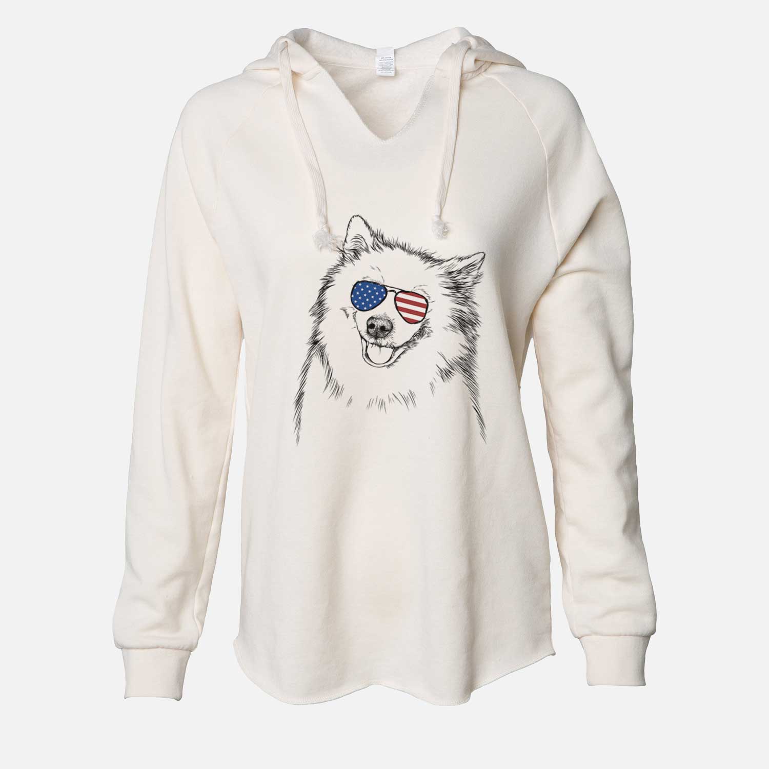 Hand-drawn sketch of Caico the Samoyed wearing American flag sunglasses on a Bone Cali Wave Hooded Sweatshirt