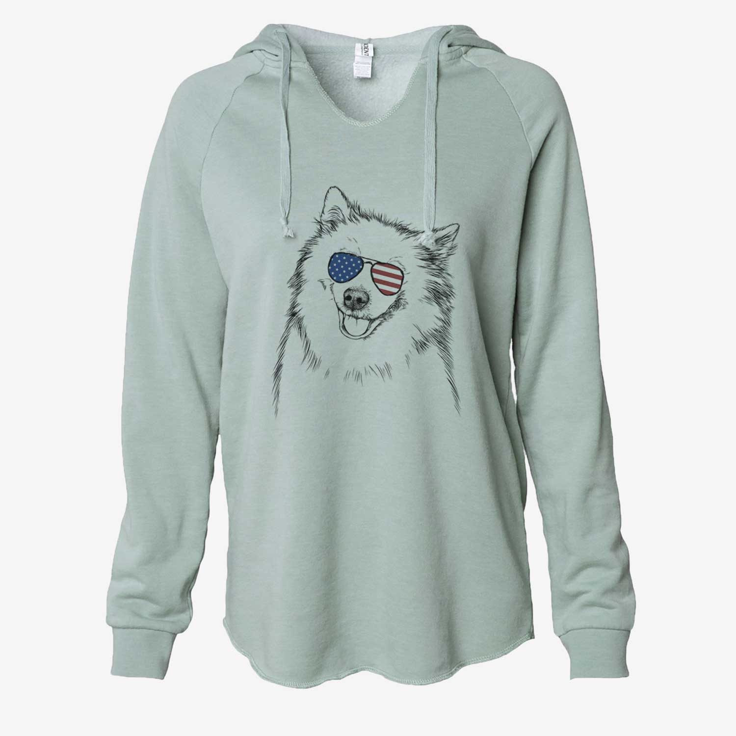 Hand-drawn sketch of Caico the Samoyed wearing American flag sunglasses on a Sage Cali Wave Hooded Sweatshirt