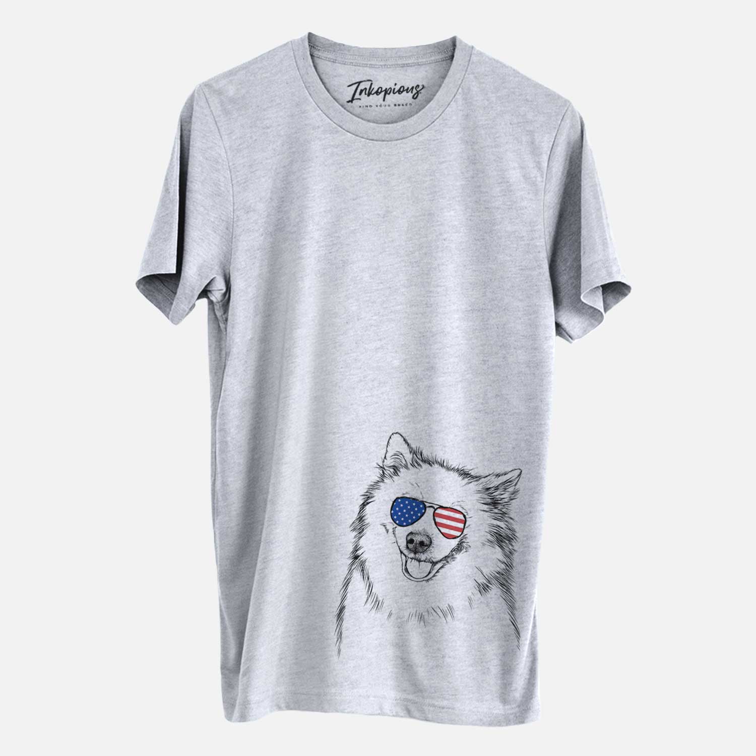 Hand-drawn sketch of Caico the Samoyed wearing American flag sunglasses on a Grey Unisex crewneck