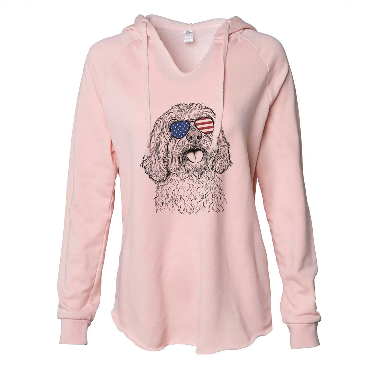 Hand-drawn sketch of Cali the Cavapoo wearing American flag sunglasses on a Blush Cali Wave Hooded Sweatshirt