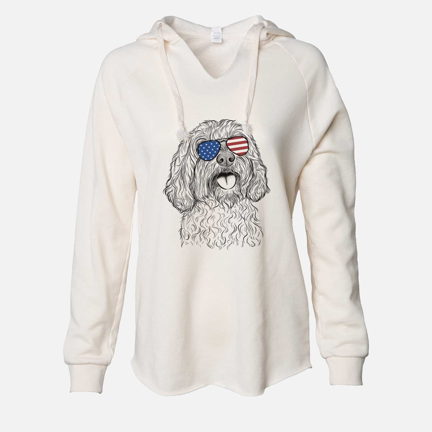 Hand-drawn sketch of Cali the Cavapoo wearing American flag sunglasses on a Bone Cali Wave Hooded Sweatshirt