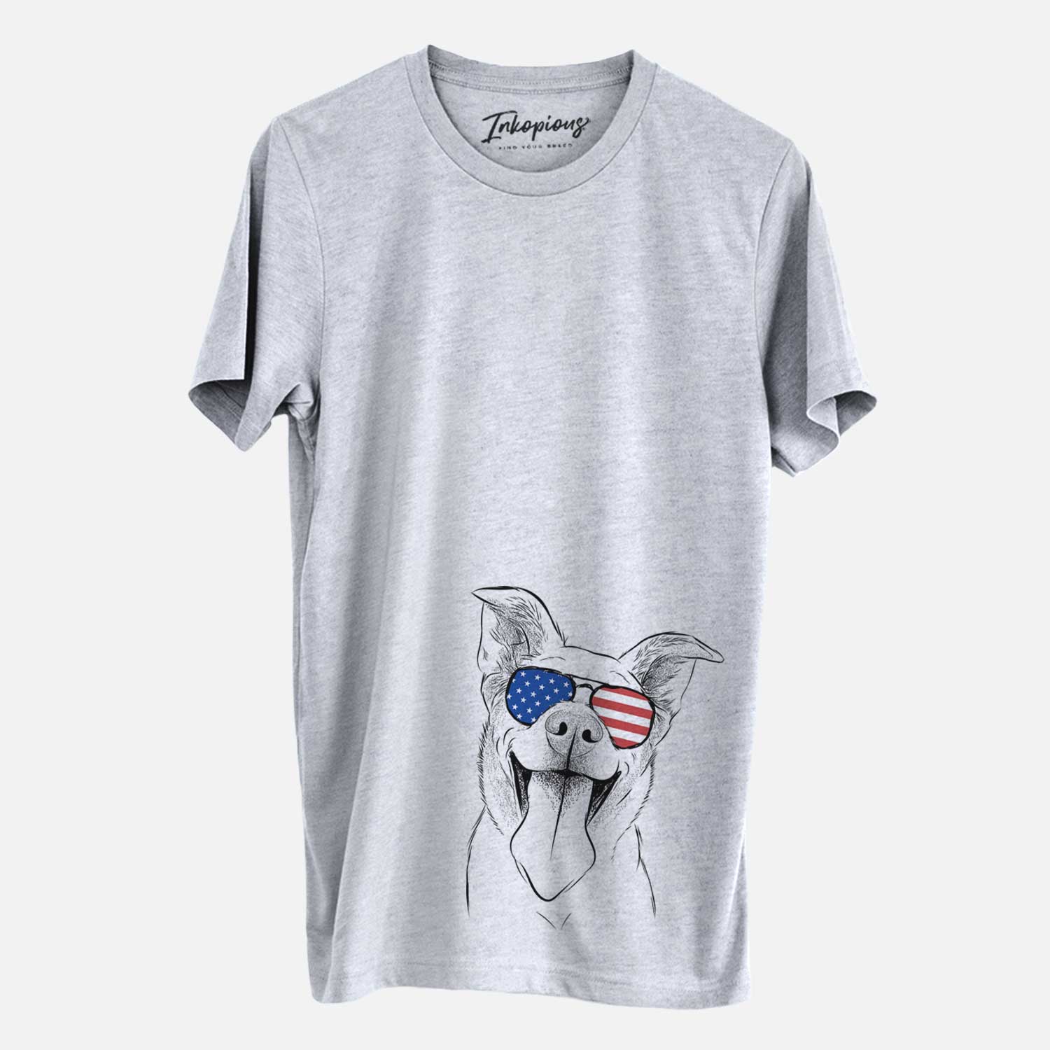 Hand-drawn sketch of Candy the Mixed Breed wearing American flag sunglasses on a Grey Unisex crewneck