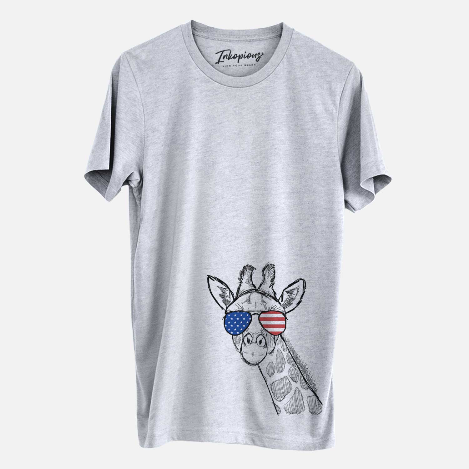 Hand-drawn sketch of Cedrick the Giraffe wearing American flag sunglasses on a Grey Unisex crewneck