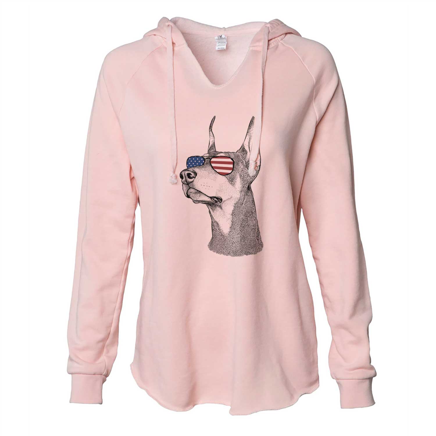 Hand-drawn sketch of Cenza the Doberman Pinscher wearing American flag sunglasses on a Blush Cali Wave Hooded Sweatshirt
