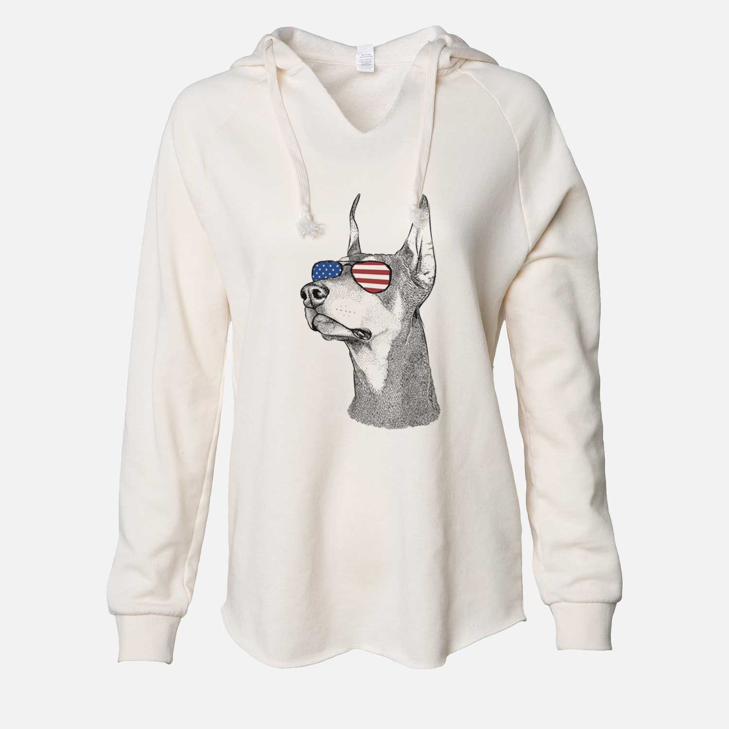 Hand-drawn sketch of Cenza the Doberman Pinscher wearing American flag sunglasses on a Bone Cali Wave Hooded Sweatshirt
