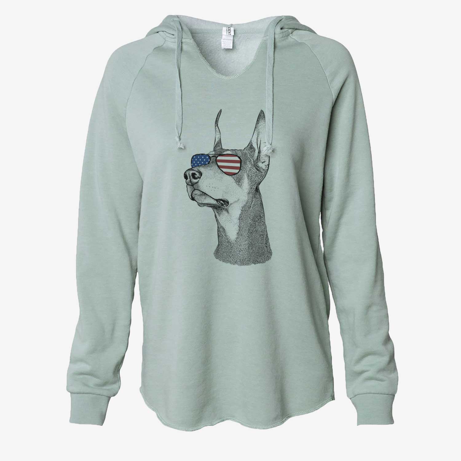 Hand-drawn sketch of Cenza the Doberman Pinscher wearing American flag sunglasses on a Sage Cali Wave Hooded Sweatshirt