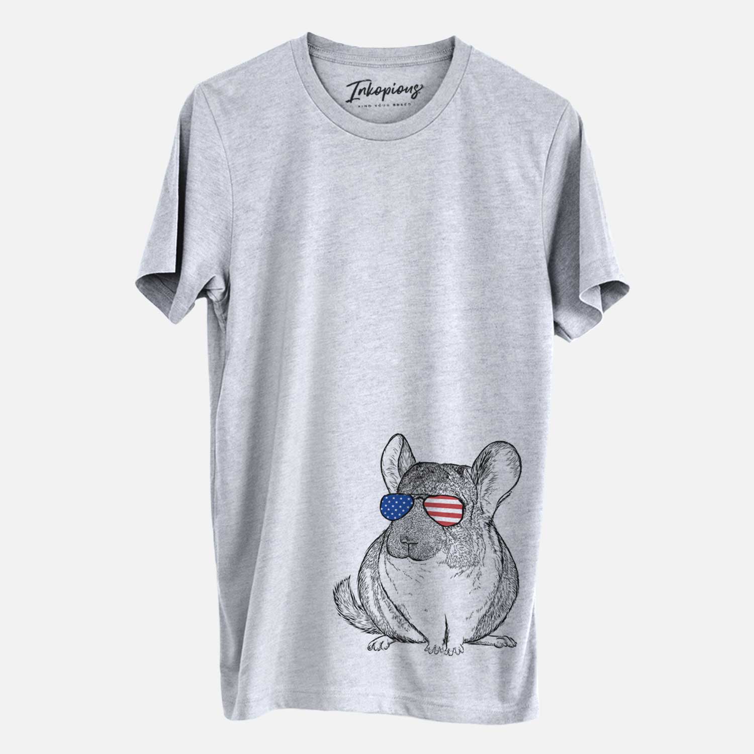 Hand-drawn sketch of Cheddar the Chinchilla wearing American flag sunglasses on a Grey Unisex crewneck