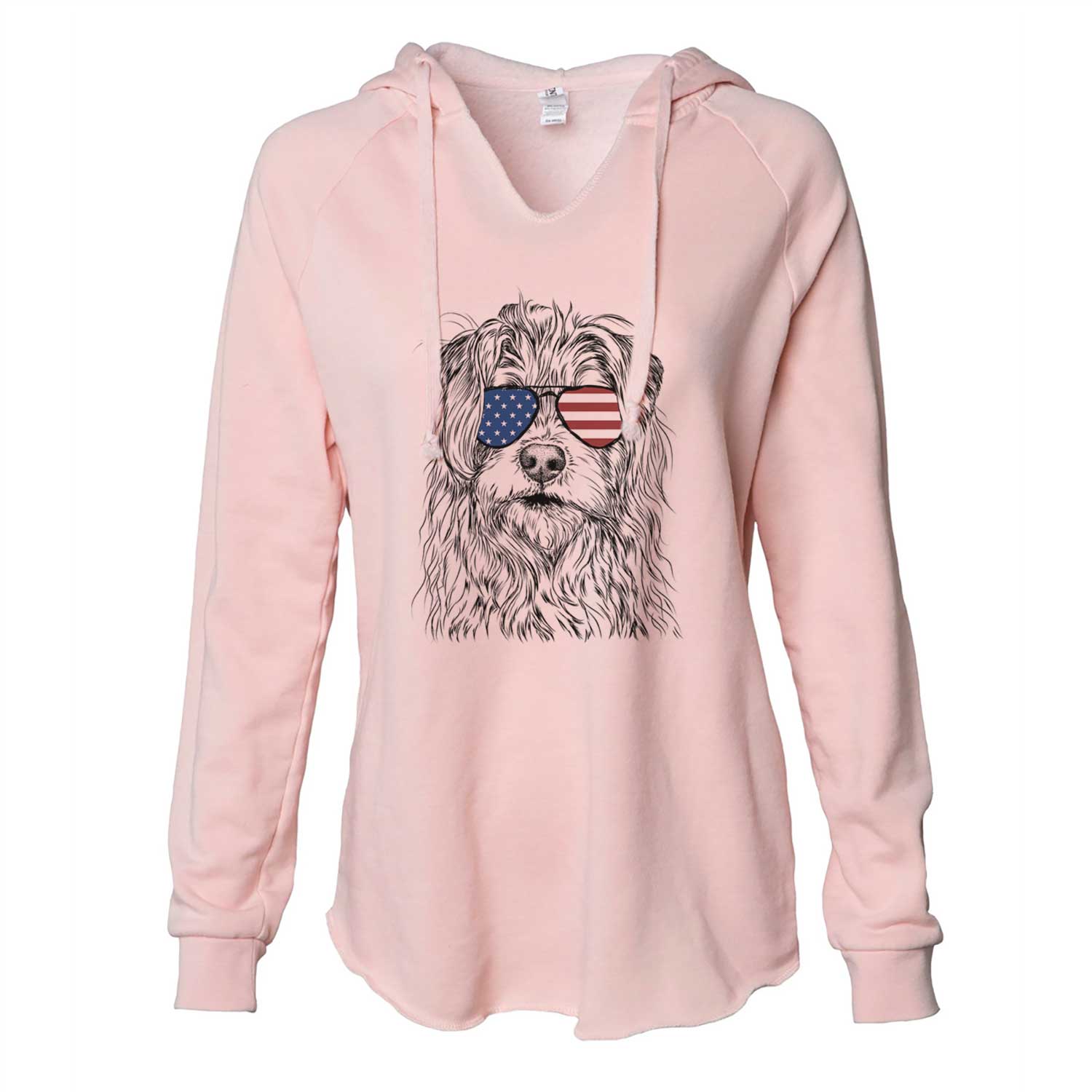 Hand-drawn sketch of Chester the Terrier Mix wearing American flag sunglasses on a Blush Cali Wave Hooded Sweatshirt