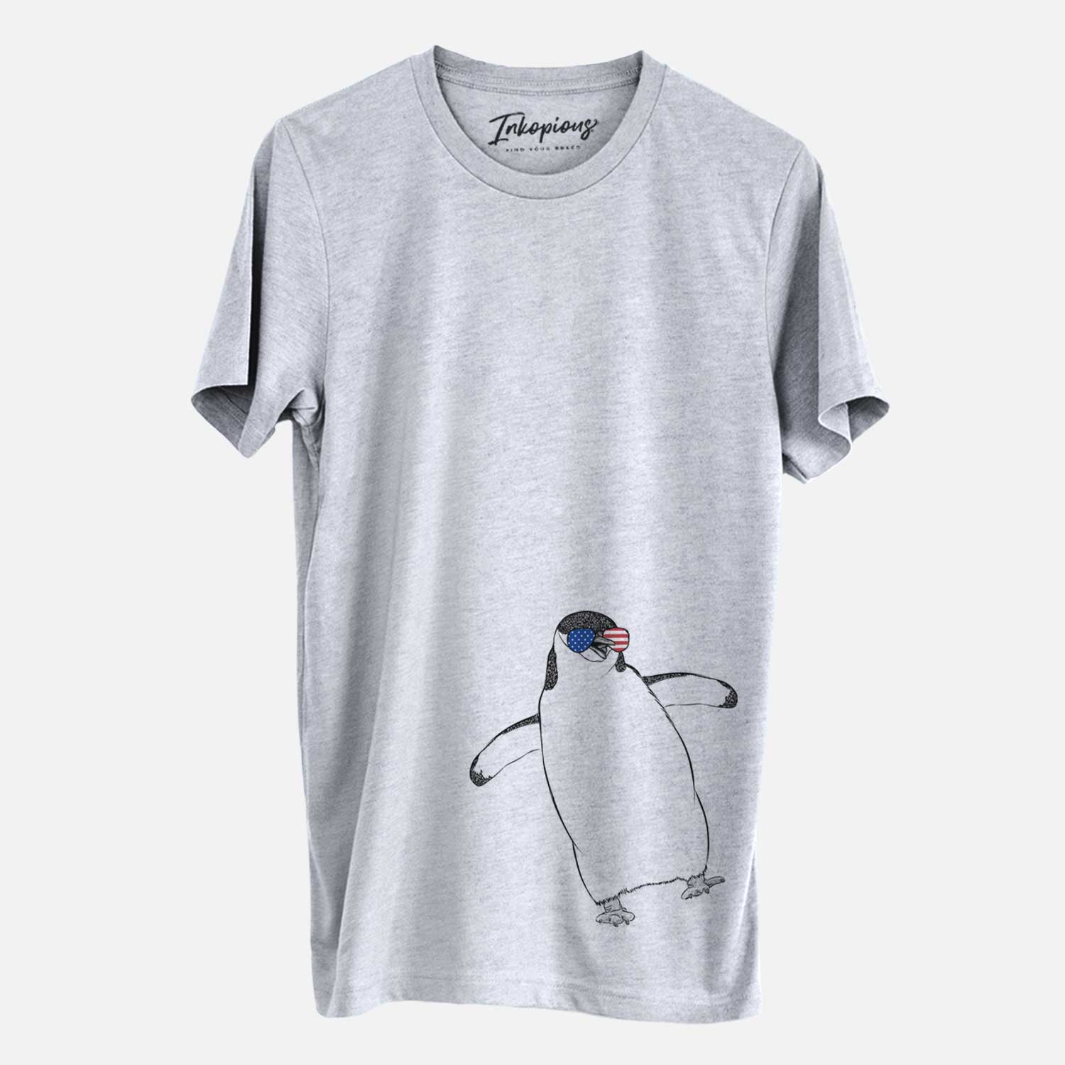 Hand-drawn sketch of Chive the Chinstrap Penguin wearing American flag sunglasses on a Grey Unisex crewneck