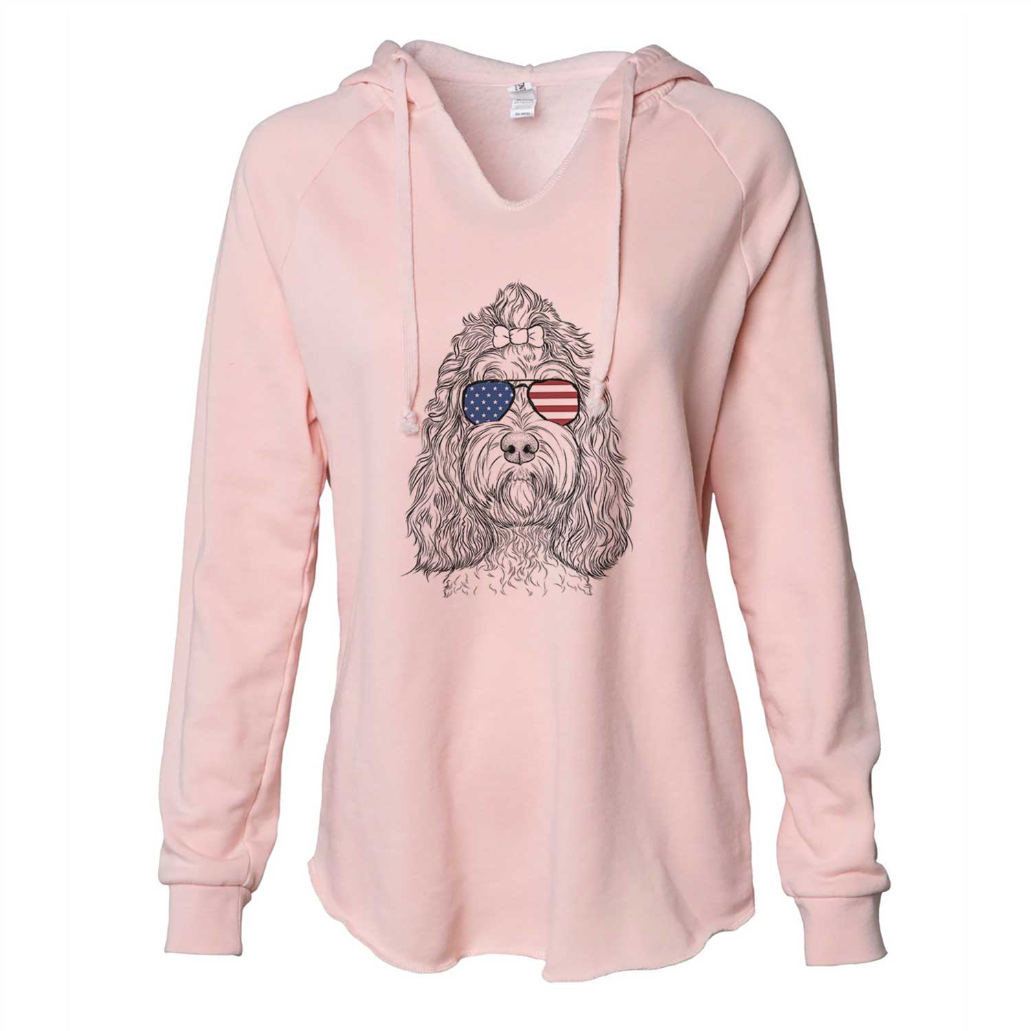 Hand-drawn sketch of Chloe the Cockapoo wearing American flag sunglasses on a Blush Cali Wave Hooded Sweatshirt